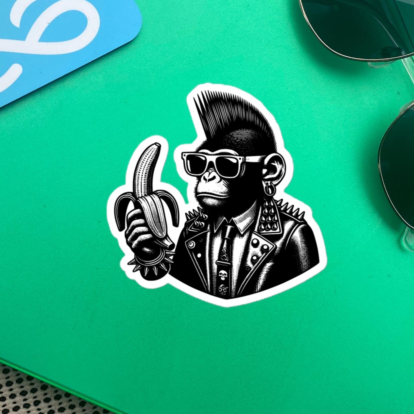 Punk Rock Monkey with Banana Energy Sticker, Weirdcore Cyberpunk Chimp Sticker, Original Design Unique Sticker Weird Stuff Gift