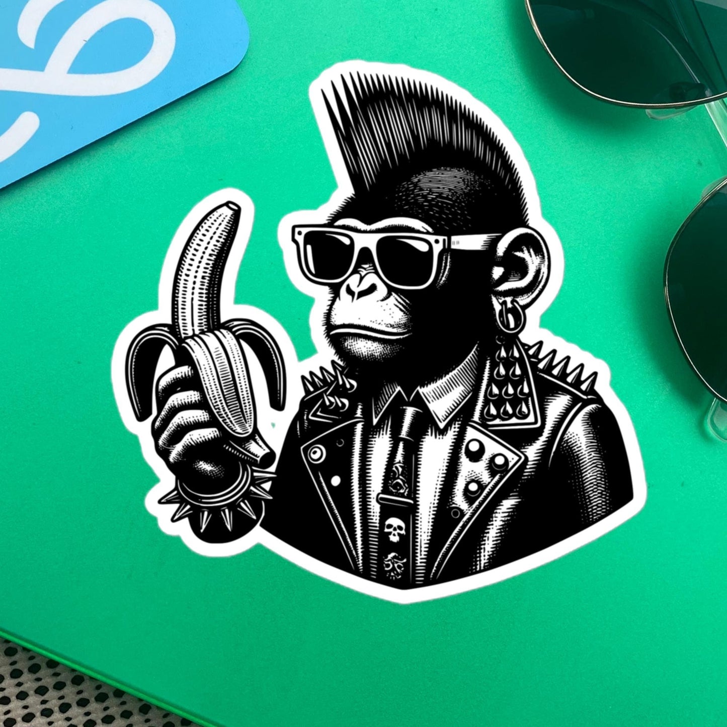 Punk Rock Monkey with Banana Energy Sticker, Weirdcore Cyberpunk Chimp Sticker, Original Design Unique Sticker Weird Stuff Gift