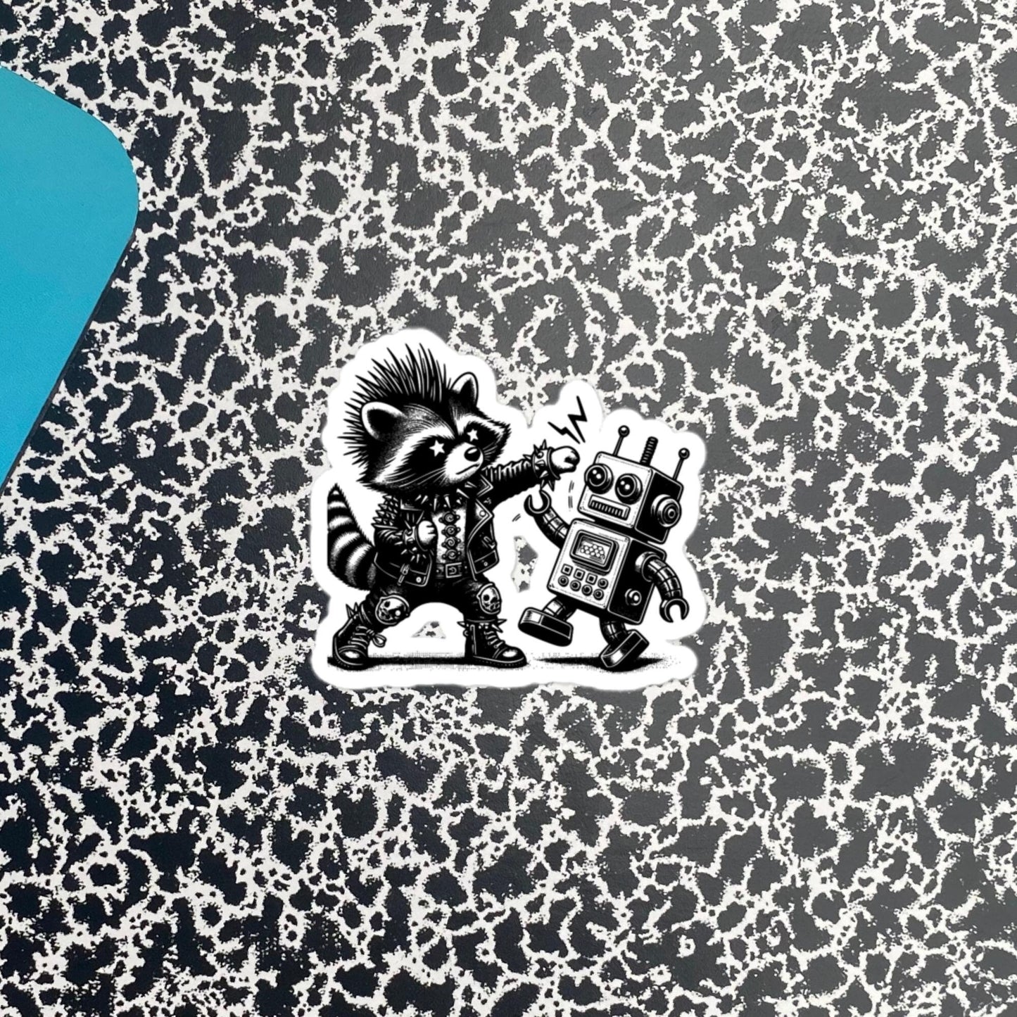 Punk Rock Raccoon Fighting Robot Sticker, Weirdcore Raccoon vs Machine Sticker, Original Design Weird Stuff Gift
