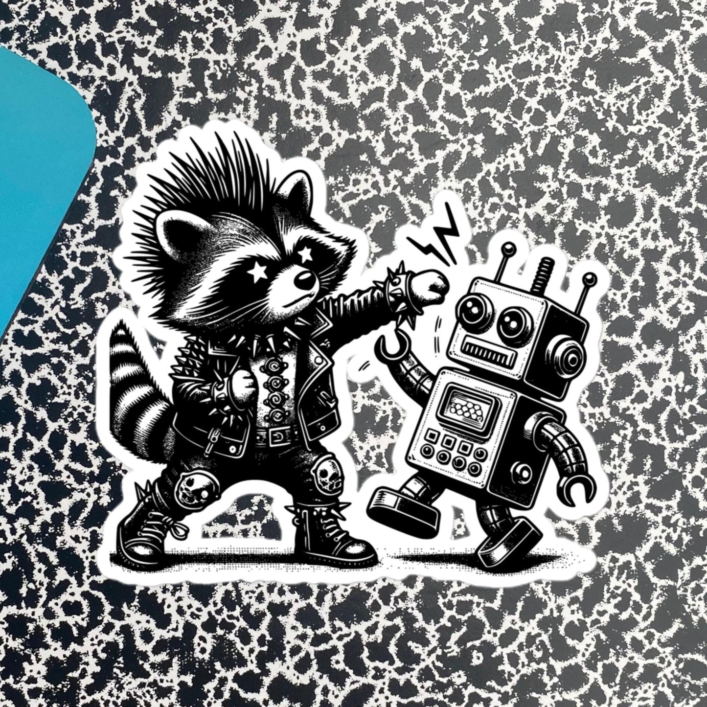 Punk Rock Raccoon Fighting Robot Sticker, Weirdcore Raccoon vs Machine Sticker, Original Design Weird Stuff Gift