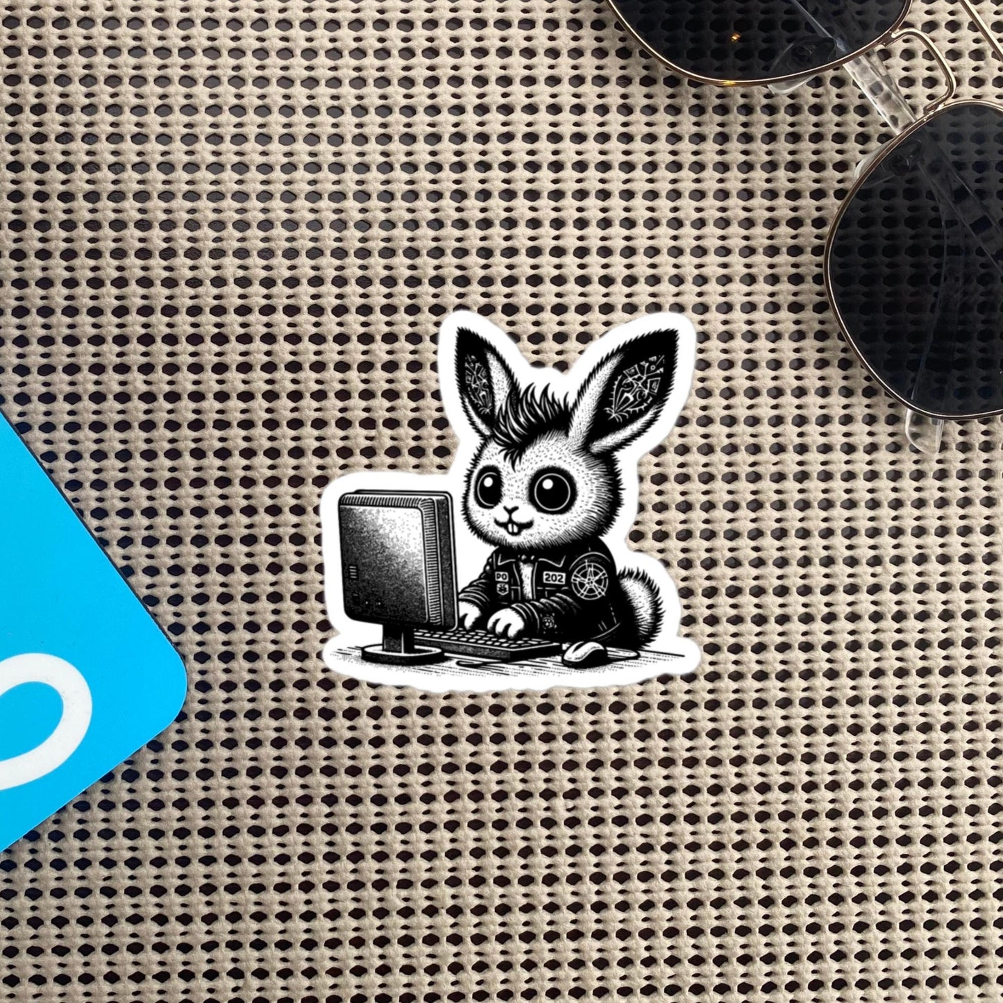 Punk Rock Bunny on Computer Sticker, Cyberpunk Rabbit with Tech Sticker, Weirdcore Weird Stuff, Original Design Gift