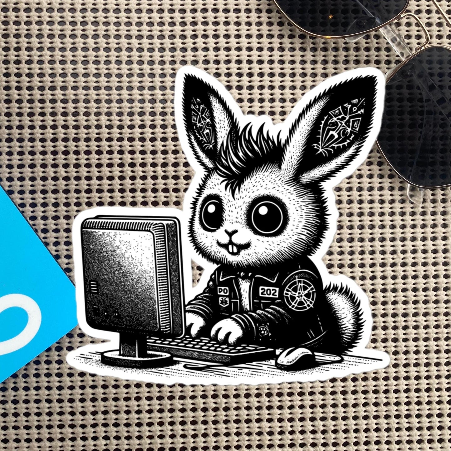 Punk Rock Bunny on Computer Sticker, Cyberpunk Rabbit with Tech Sticker, Weirdcore Weird Stuff, Original Design Gift