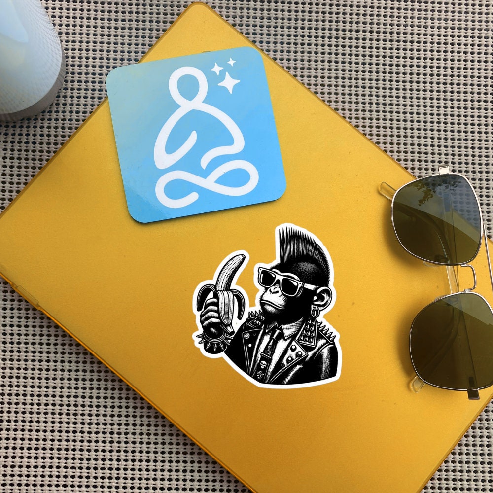 Punk Rock Monkey with Banana Energy Sticker, Weirdcore Cyberpunk Chimp Sticker, Original Design Unique Sticker Weird Stuff Gift