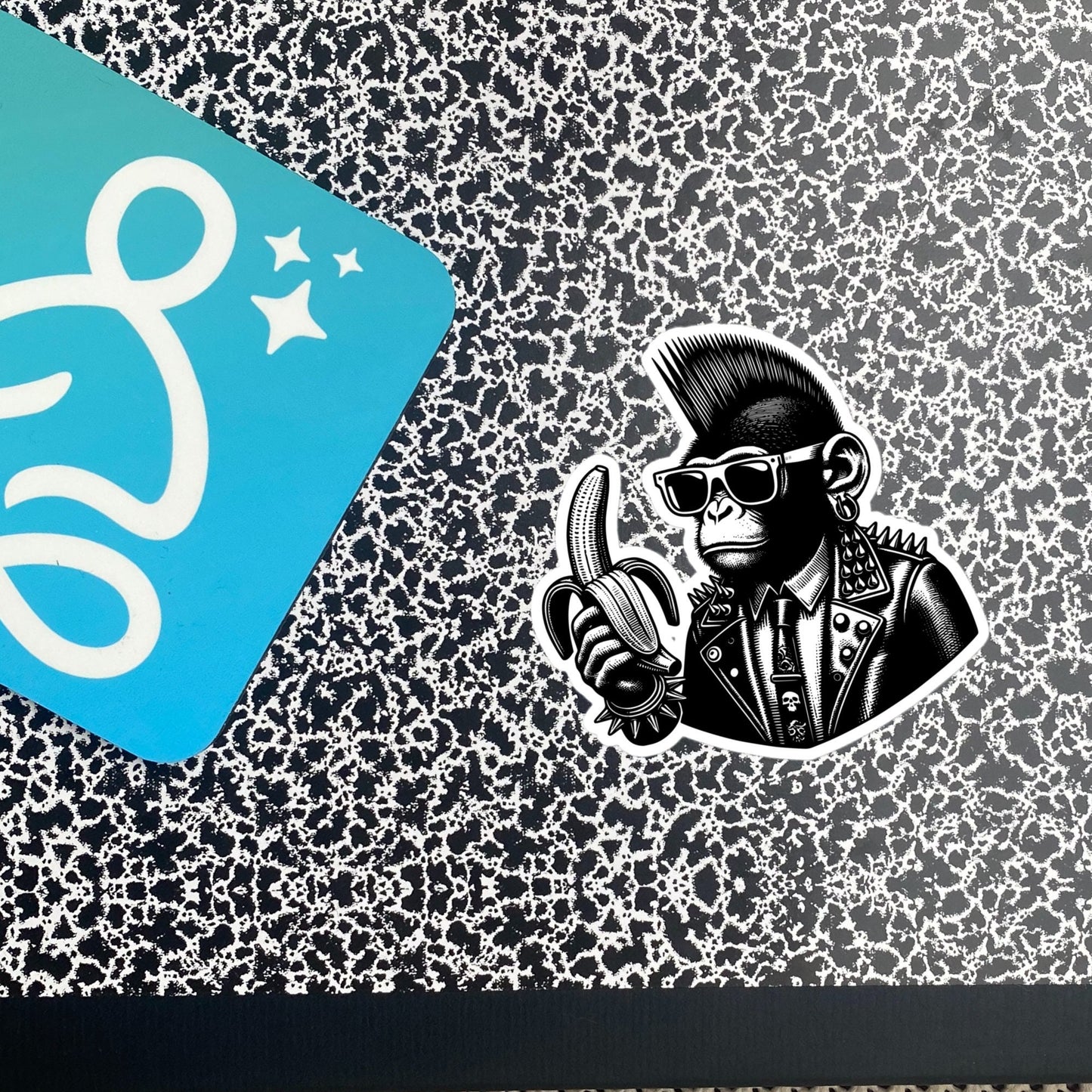Punk Rock Monkey with Banana Energy Sticker, Weirdcore Cyberpunk Chimp Sticker, Original Design Unique Sticker Weird Stuff Gift