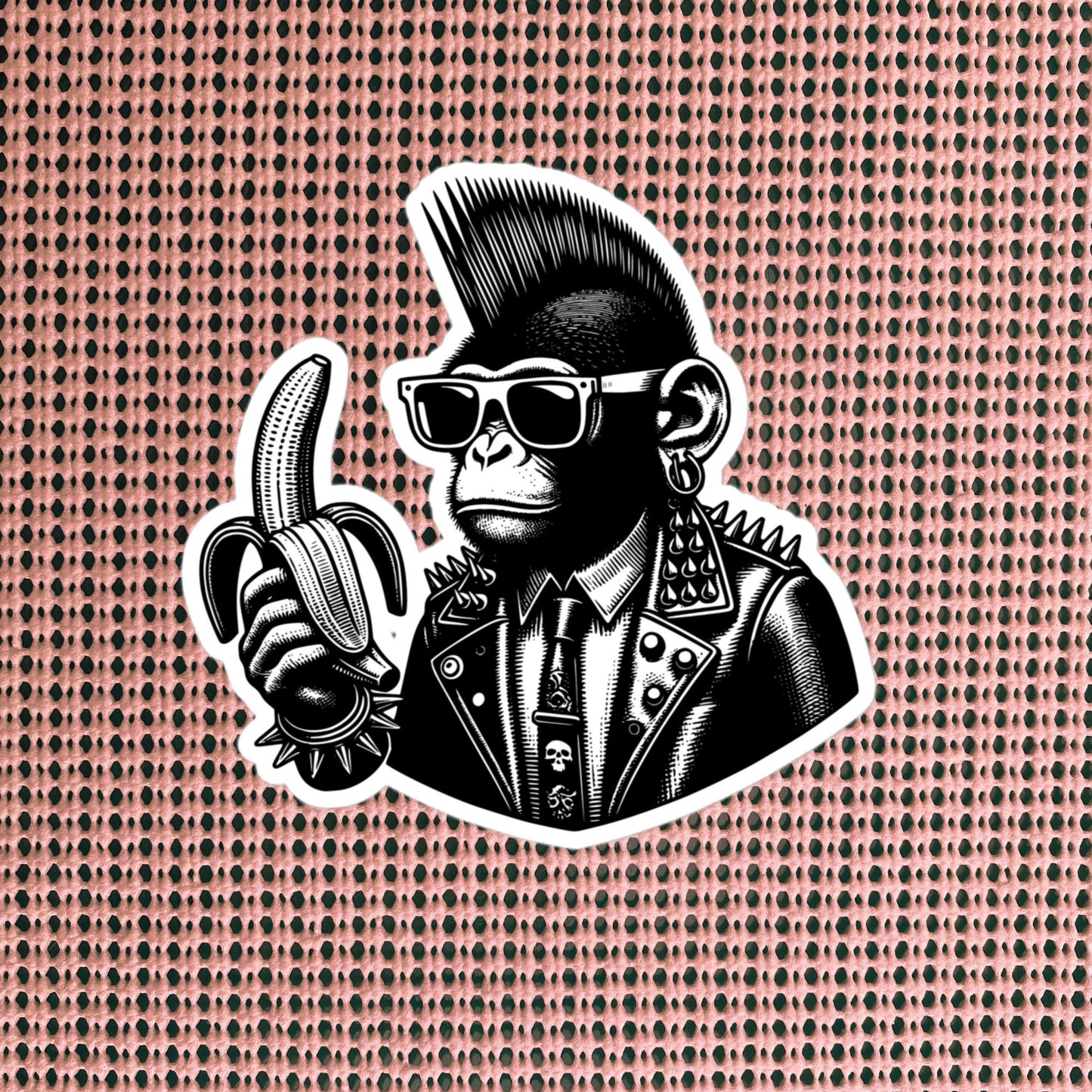 Punk Rock Monkey with Banana Energy Sticker, Weirdcore Cyberpunk Chimp Sticker, Original Design Unique Sticker Weird Stuff Gift