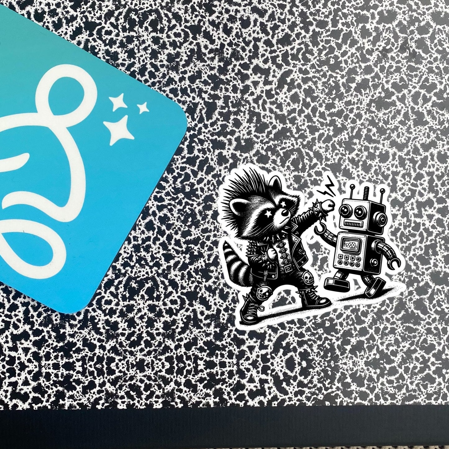 Punk Rock Raccoon Fighting Robot Sticker, Weirdcore Raccoon vs Machine Sticker, Original Design Weird Stuff Gift