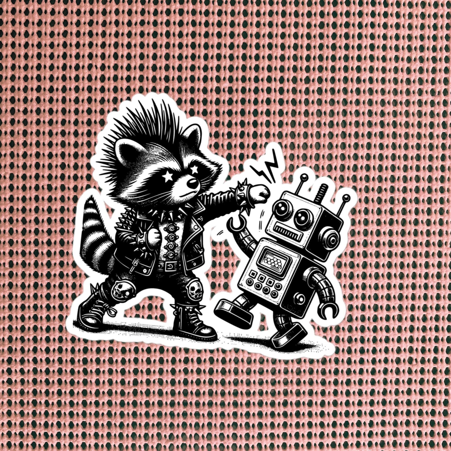 Punk Rock Raccoon Fighting Robot Sticker, Weirdcore Raccoon vs Machine Sticker, Original Design Weird Stuff Gift