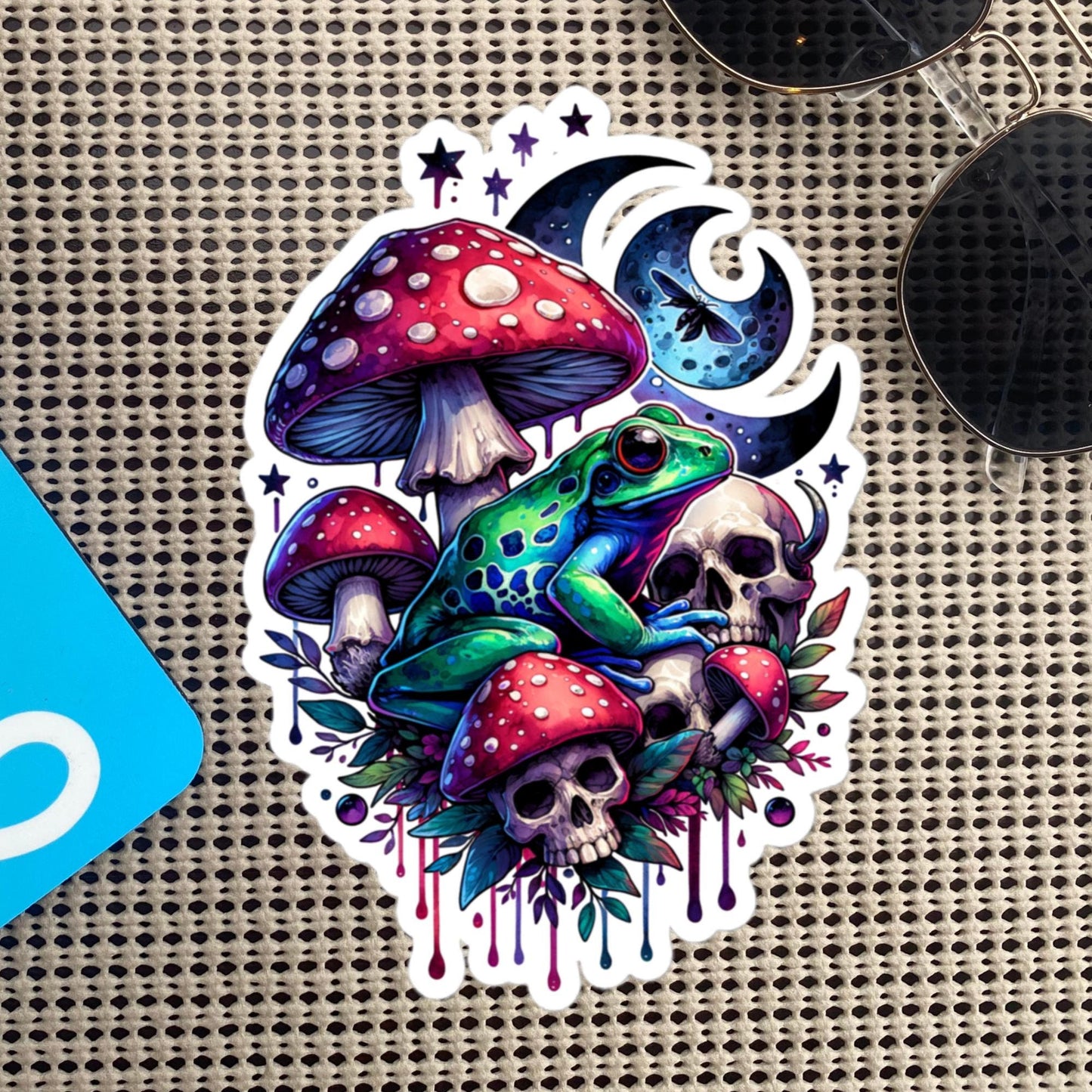 Creepy Whimsigoth Skull Mushrooms Frog Sticker Dark Aesthetic Goth Original Art Weirdcore Weird Stuff Gift