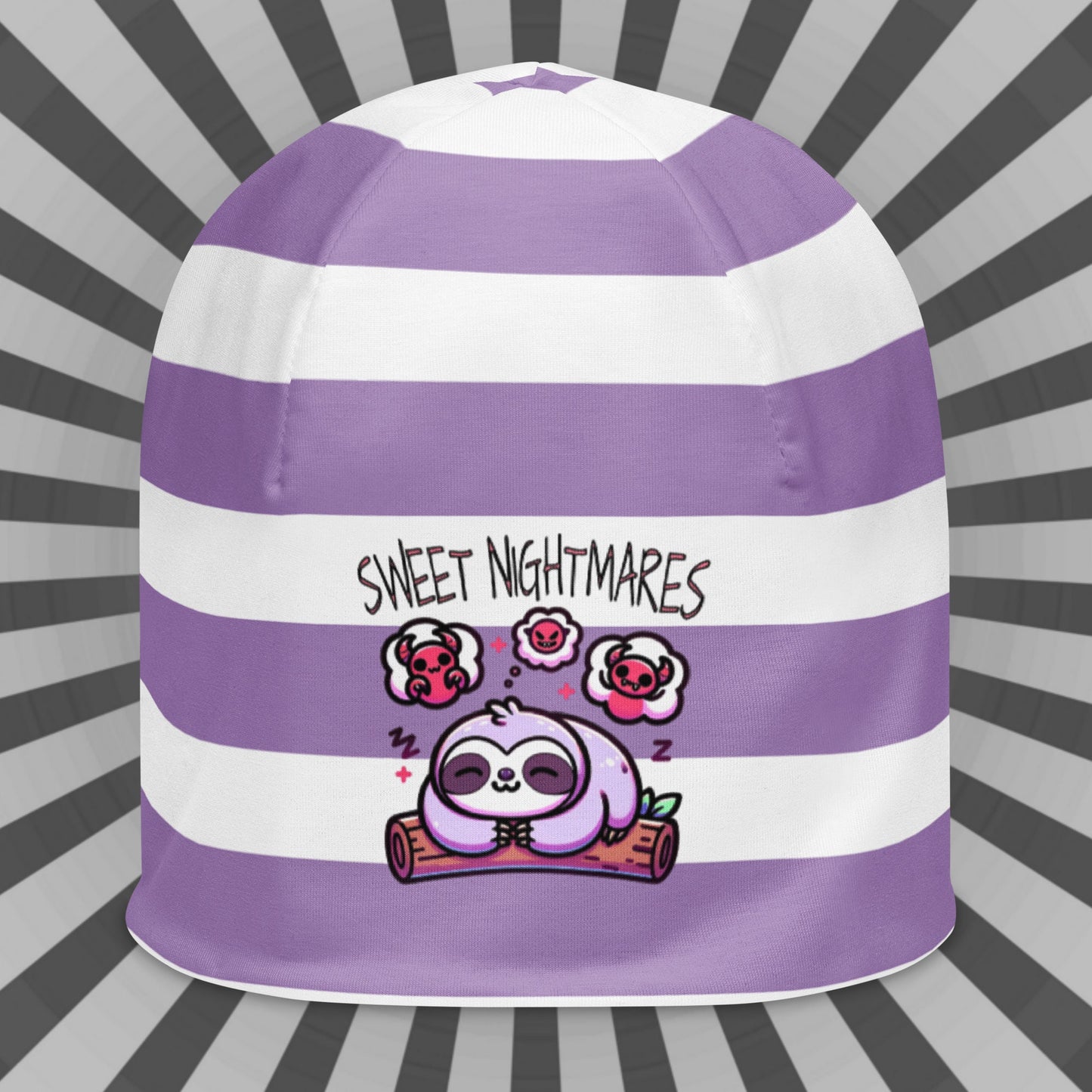 Cute Weirdcore Pastel Goth Grunge Sloth Striped Beanie, Sweet Nightmares Oddcore Beanie Hat