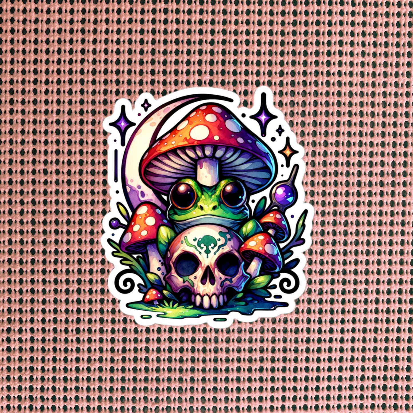 Whimsigoth Weirdcore Frog Mushroom Skull Vinyl Sticker, for Car, Bumper, Scrapbooking, Skateboards, or Crafts