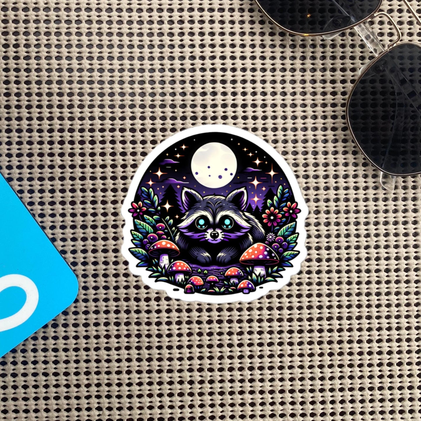 Cute Whimsigoth Raccoon Under Moonlight in Mushrooms Vinyl Sticker Original Art