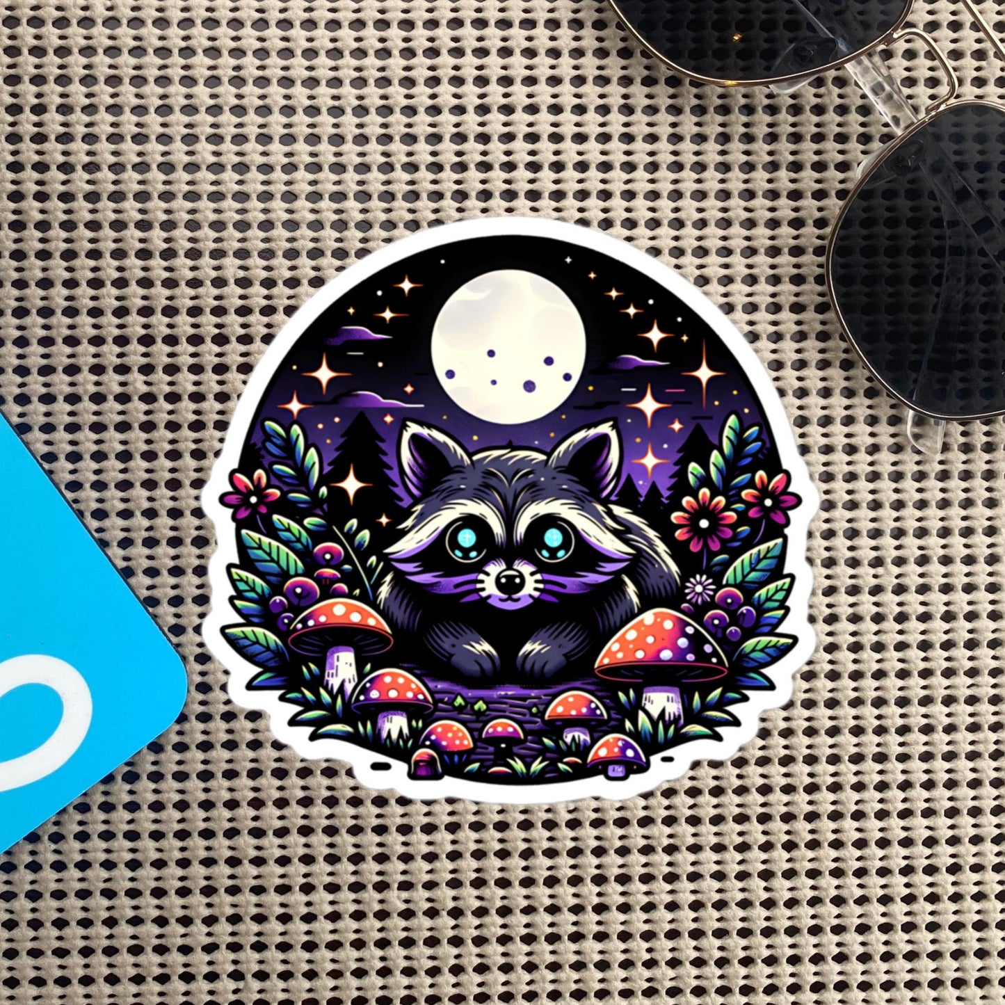 Cute Whimsigoth Raccoon Under Moonlight in Mushrooms Vinyl Sticker Original Art