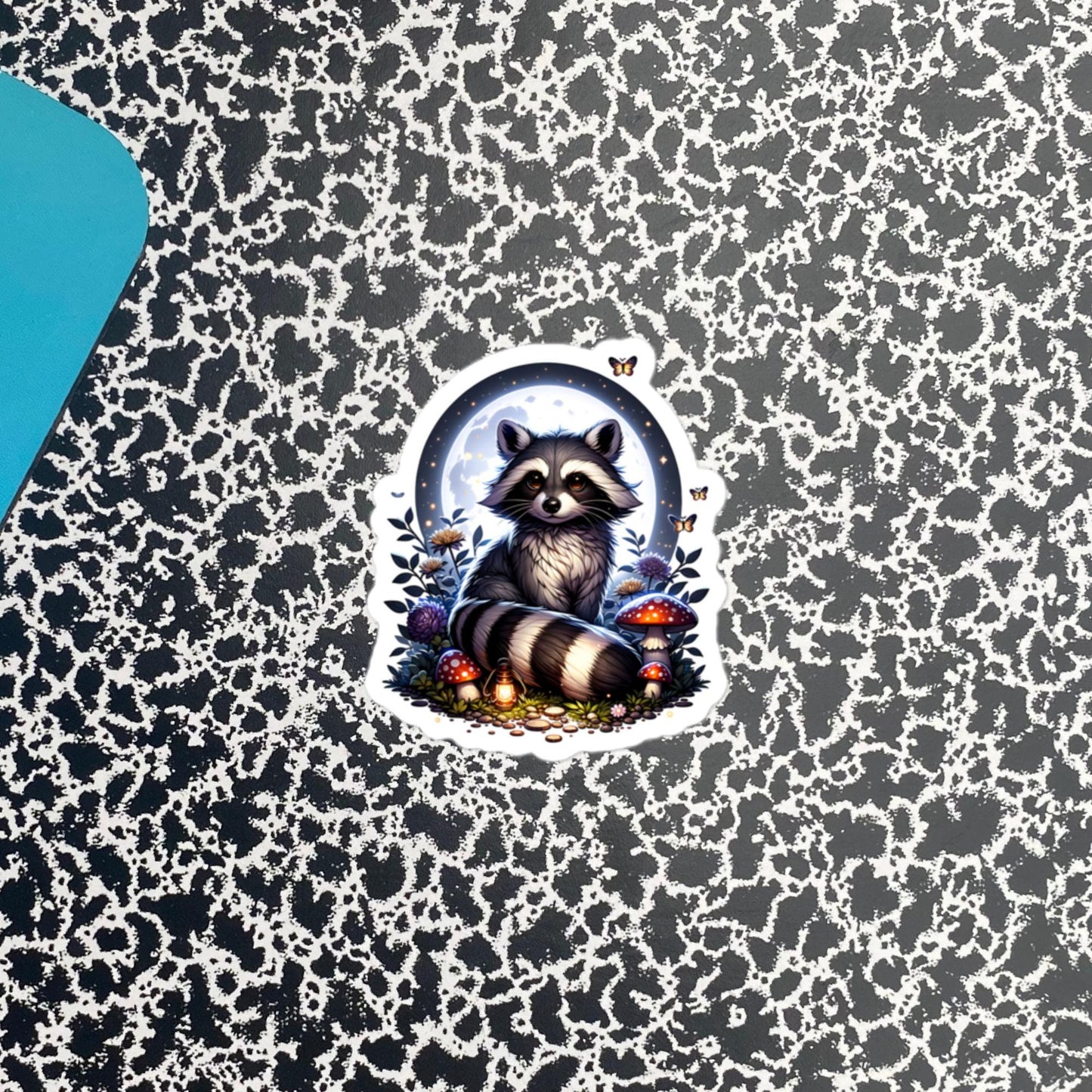 Whimsigoth Dreamcore Raccoon In Moonlight Mushrooms and Moths Original Art Unique Vinyl Sticker