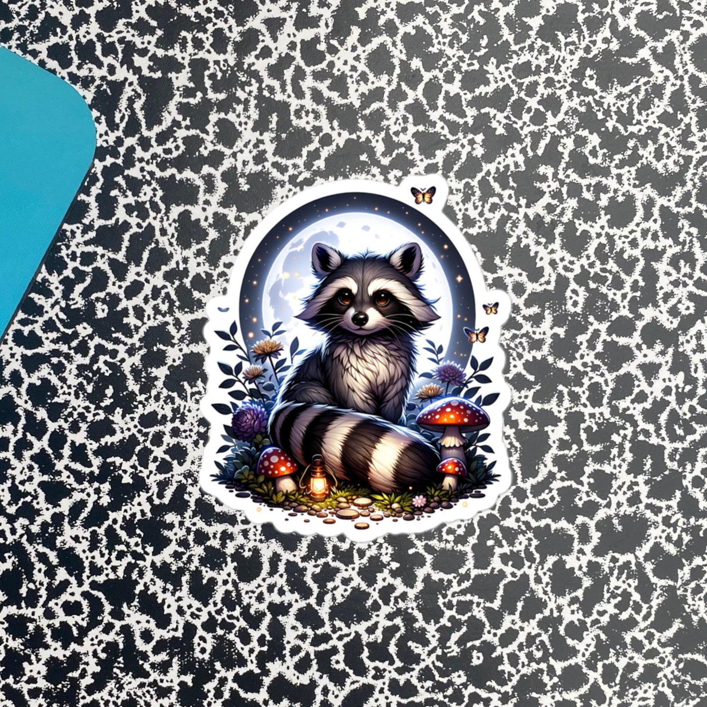 Whimsigoth Dreamcore Raccoon In Moonlight Mushrooms and Moths Original Art Unique Vinyl Sticker
