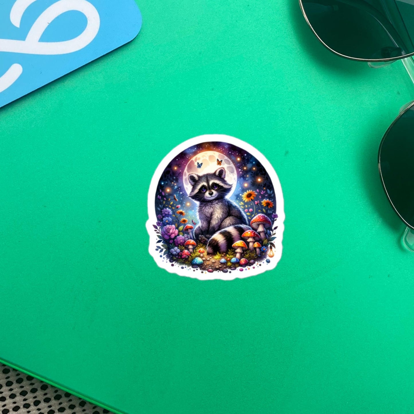 Whimsical Goth Cute Big Eyed Raccoon Forestcore Moonlight Mushroom Original Art Vinyl Sticker