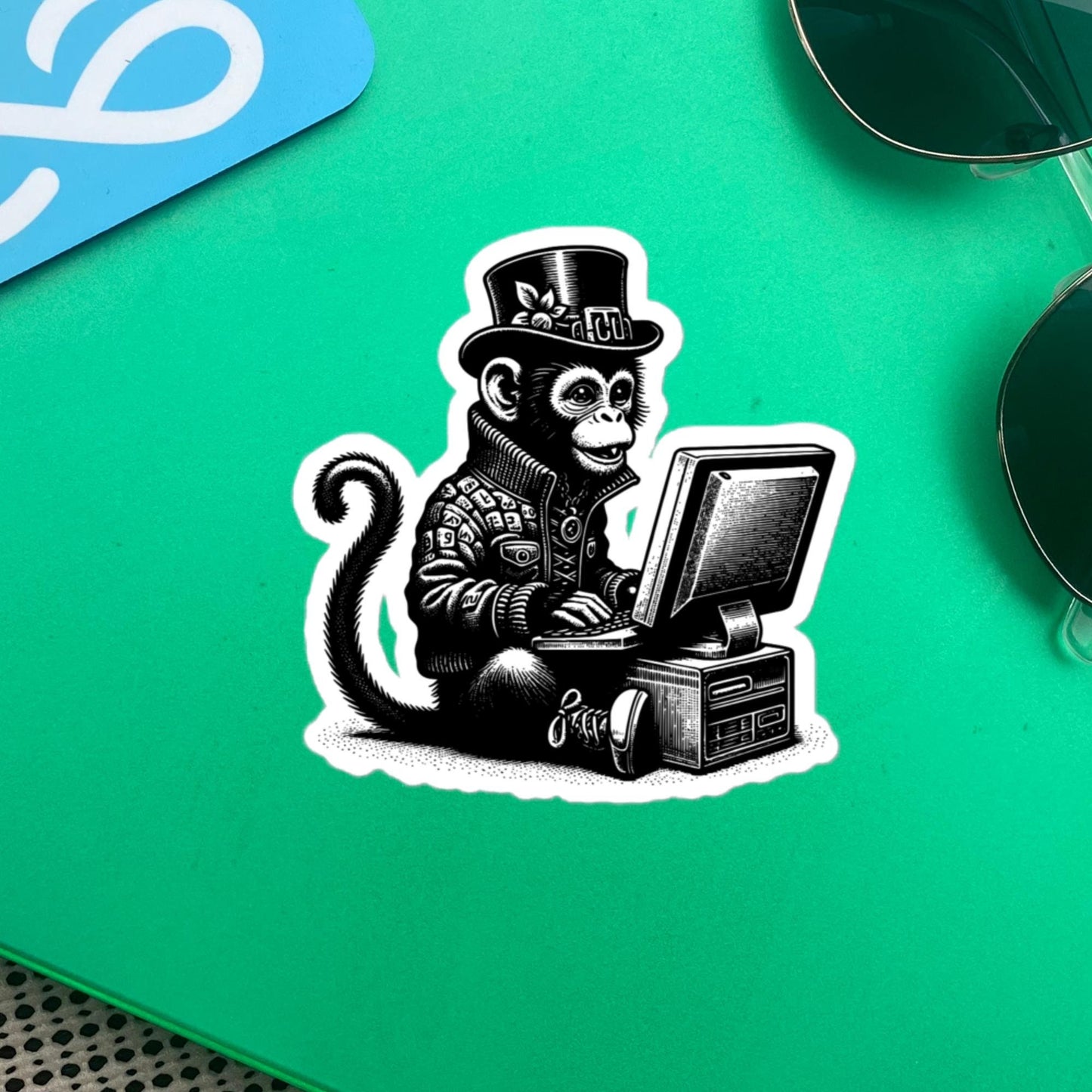 Punk Rock Monkey on Computer Sticker, Cyberpunk Chimp with Tech Sticker, Weirdcore Weird Stuff, Original Steampunk Art Unique Gift