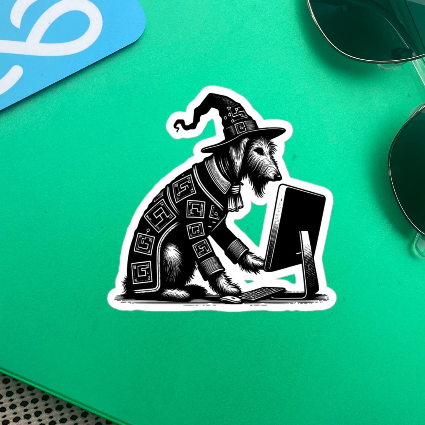 Punk Rock Irish Wolfhound on Computer Sticker, Cyberpunk Dog with Tech Sticker, Weirdcore Weird Stuff, Original Steampunk Art Unique Gift