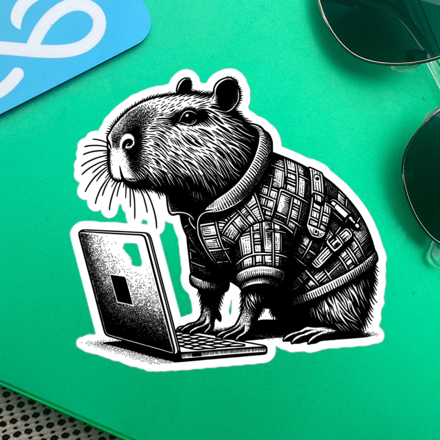 Punk Rock Capybara on Computer Sticker, Cyberpunk Capybara with Tech Sticker, Weirdcore Weird Stuff, Original Steampunk Art Unique Gift