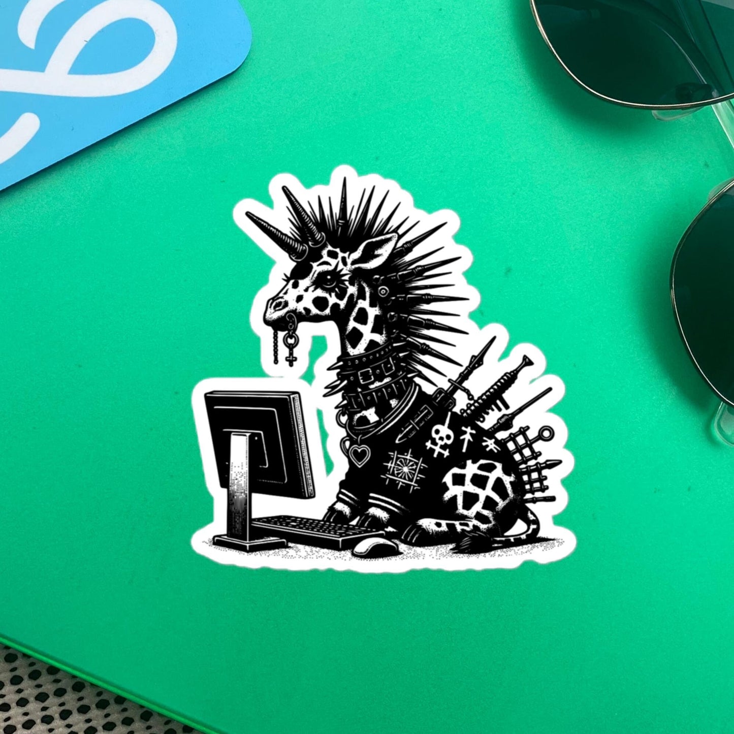 Punk Rock Giraffe on Computer Sticker, Cyberpunk Giraffe with Tech Sticker, Weirdcore Weird Stuff, Original Steampunk Warcore Art