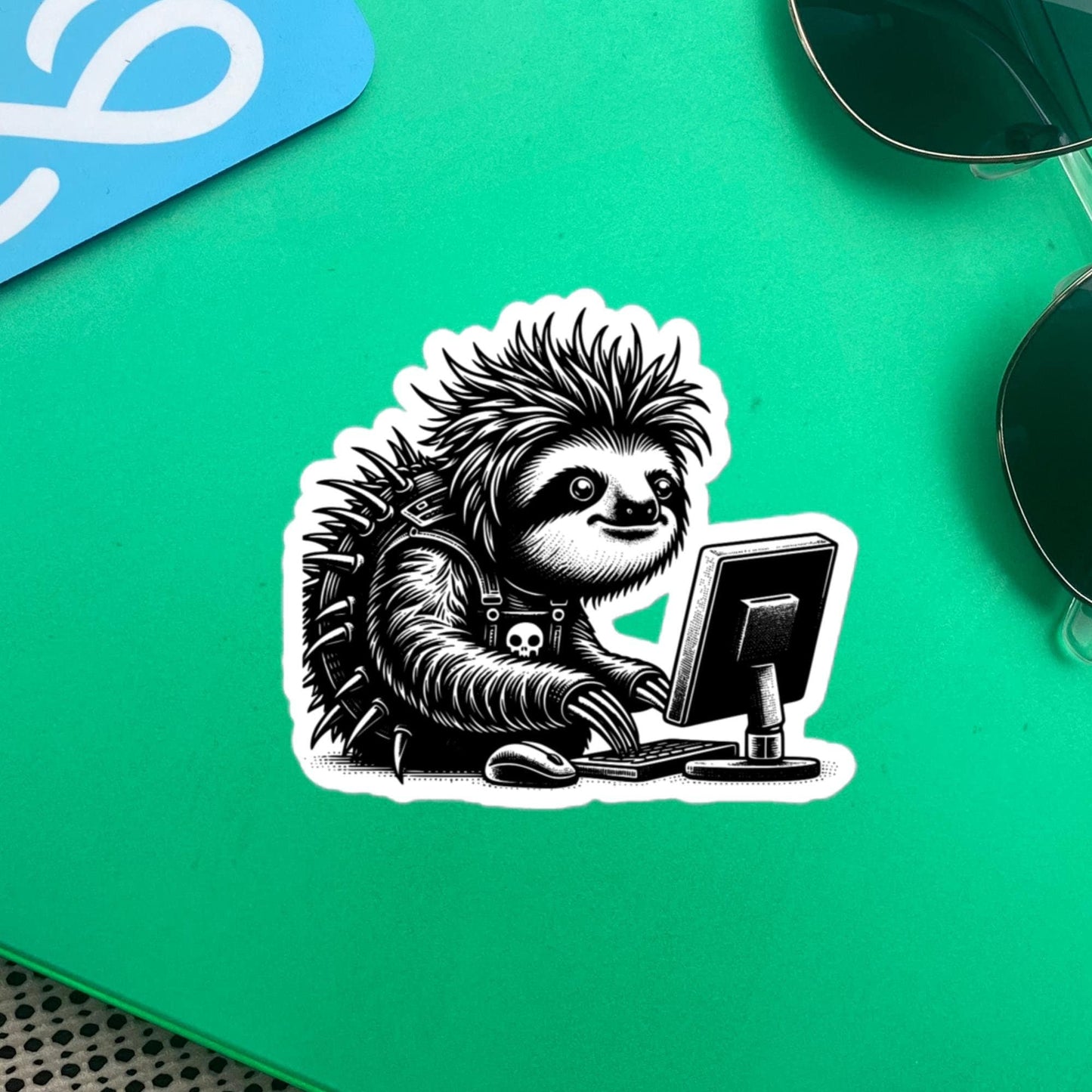 Punk Rock Sloth on Computer Sticker, Cyberpunk Sloth with Tech Sticker, Weirdcore Weird Stuff, Original Steampunk Warcore Art