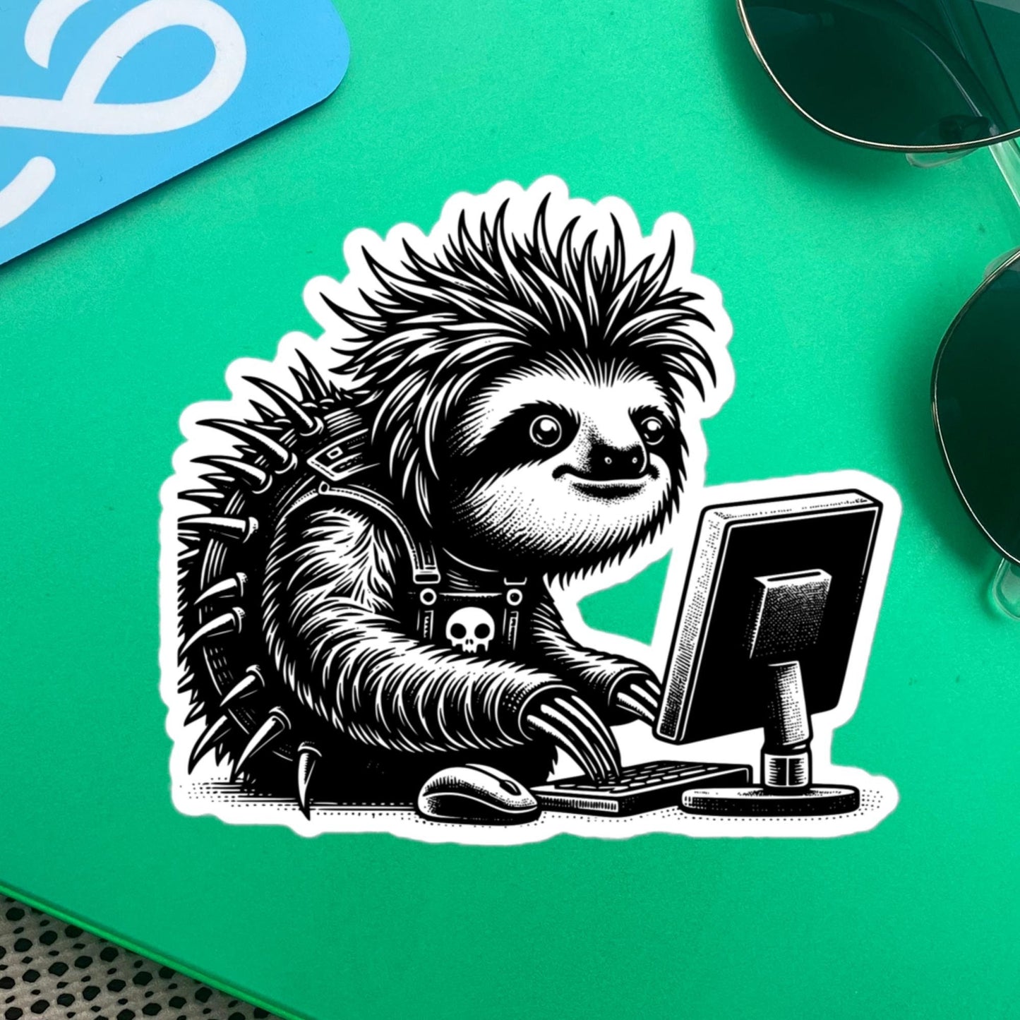 Punk Rock Sloth on Computer Sticker, Cyberpunk Sloth with Tech Sticker, Weirdcore Weird Stuff, Original Steampunk Warcore Art