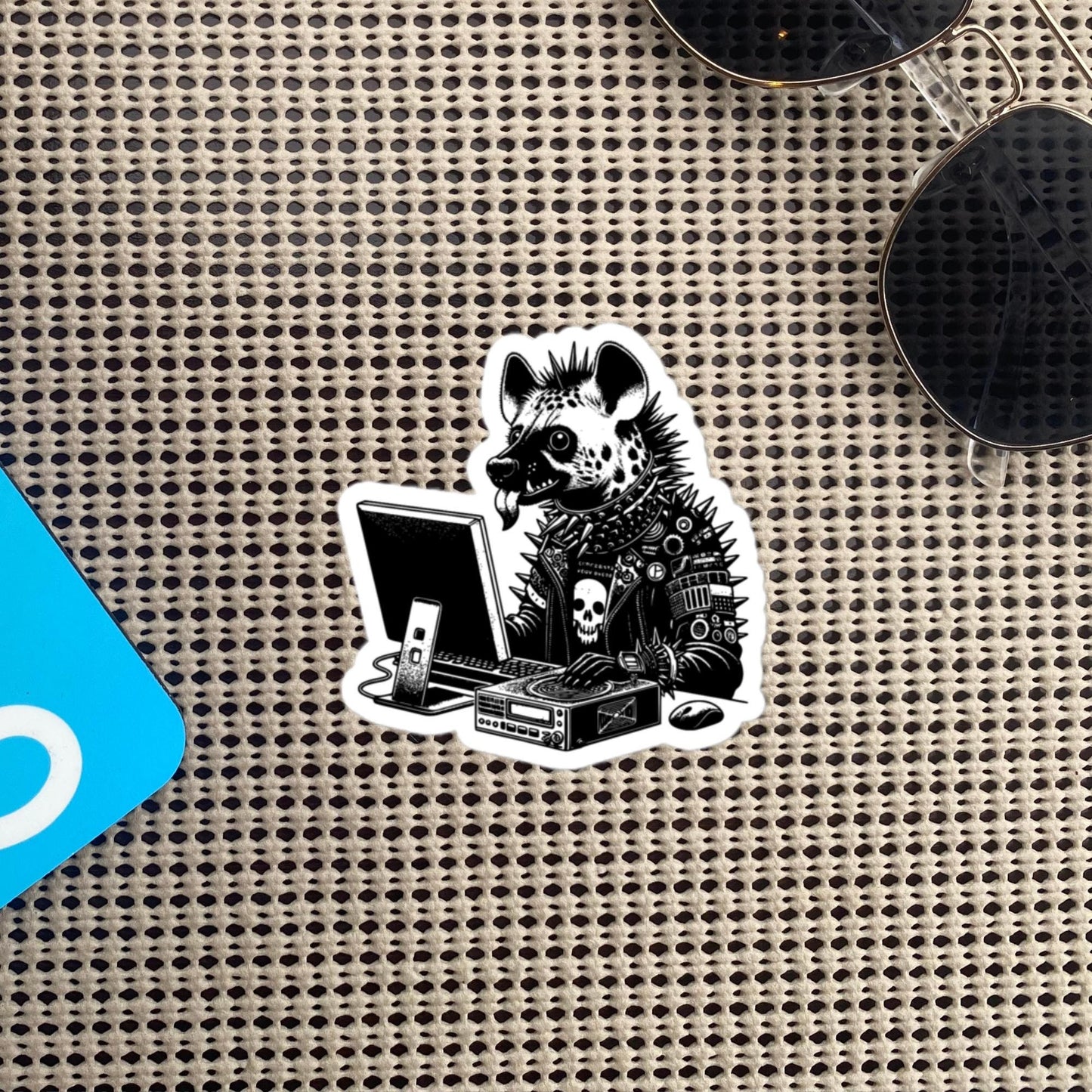Punk Rock Hyena on Computer Sticker, Cyberpunk Hyena with Tech Sticker, Weirdcore Weird Stuff, Original Steampunk Warcore Art