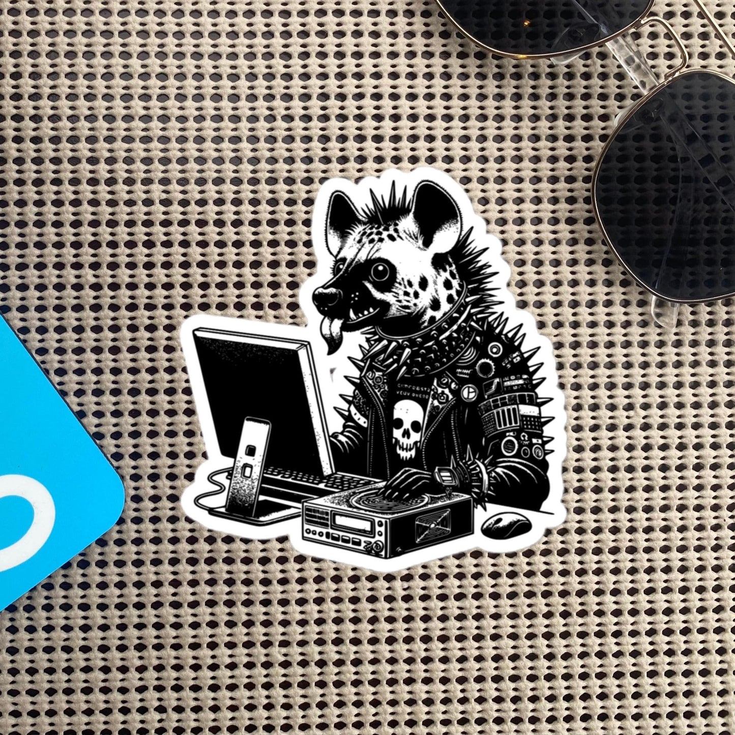 Punk Rock Hyena on Computer Sticker, Cyberpunk Hyena with Tech Sticker, Weirdcore Weird Stuff, Original Steampunk Warcore Art