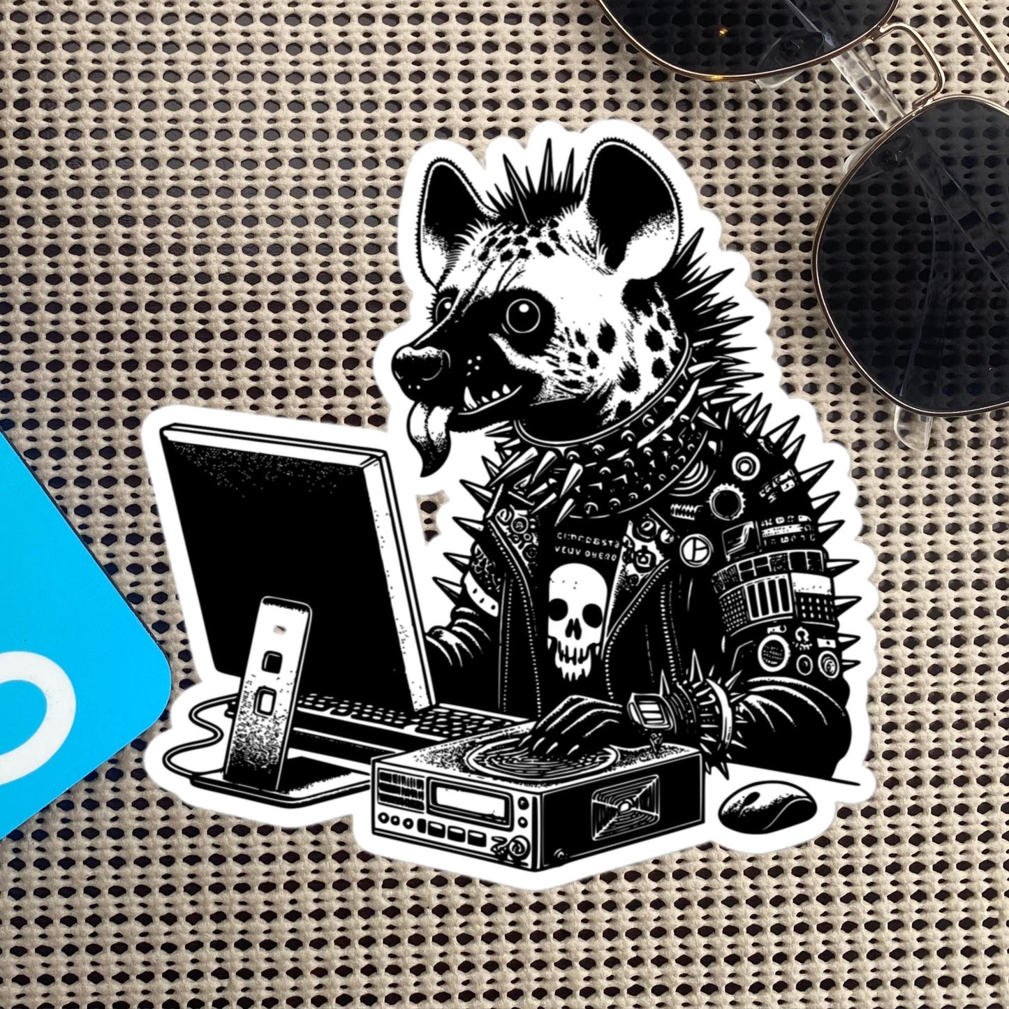 Punk Rock Hyena on Computer Sticker, Cyberpunk Hyena with Tech Sticker, Weirdcore Weird Stuff, Original Steampunk Warcore Art