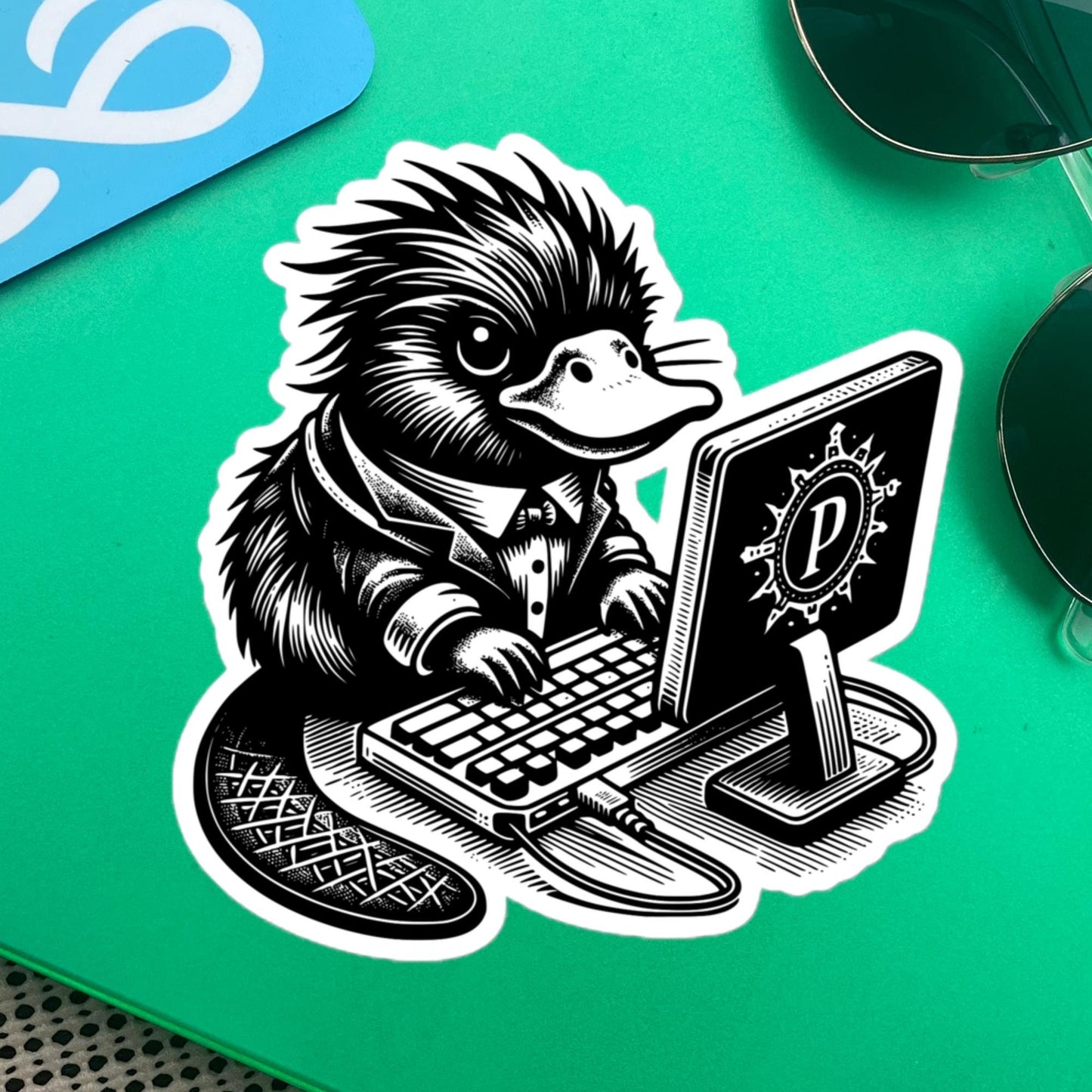 Punk Rock Platypus on Computer Sticker, Cyberpunk Platypus with Tech Sticker, Weirdcore Weird Stuff, Original Steampunk Warcore Art