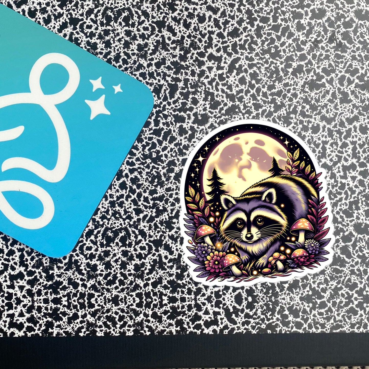 Cute Chubby Resting Raccoon in Mushrooms Under Moon Whimsigoth Dreamcore Vinyl Sticker