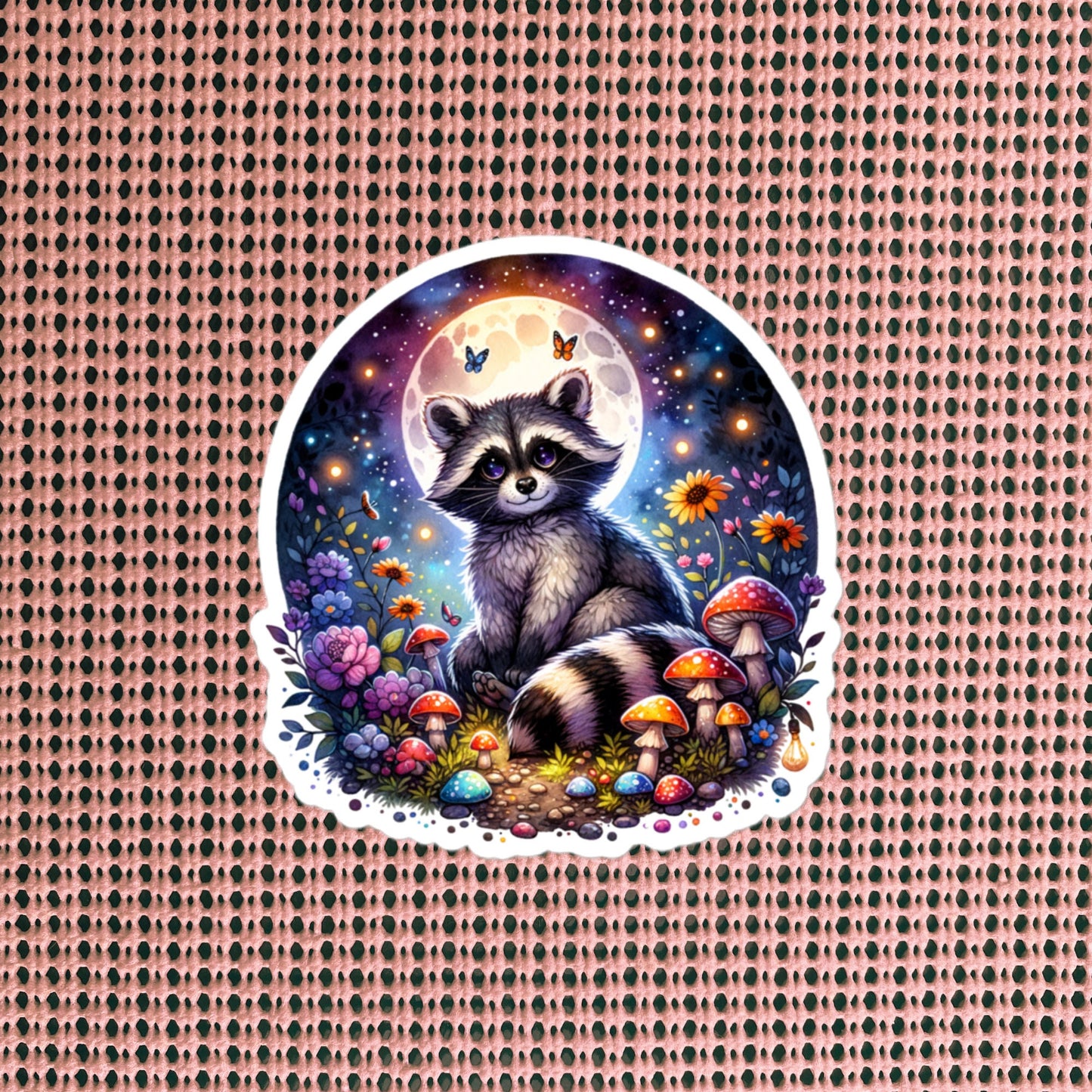 Whimsical Goth Cute Big Eyed Raccoon Forestcore Moonlight Mushroom Original Art Vinyl Sticker