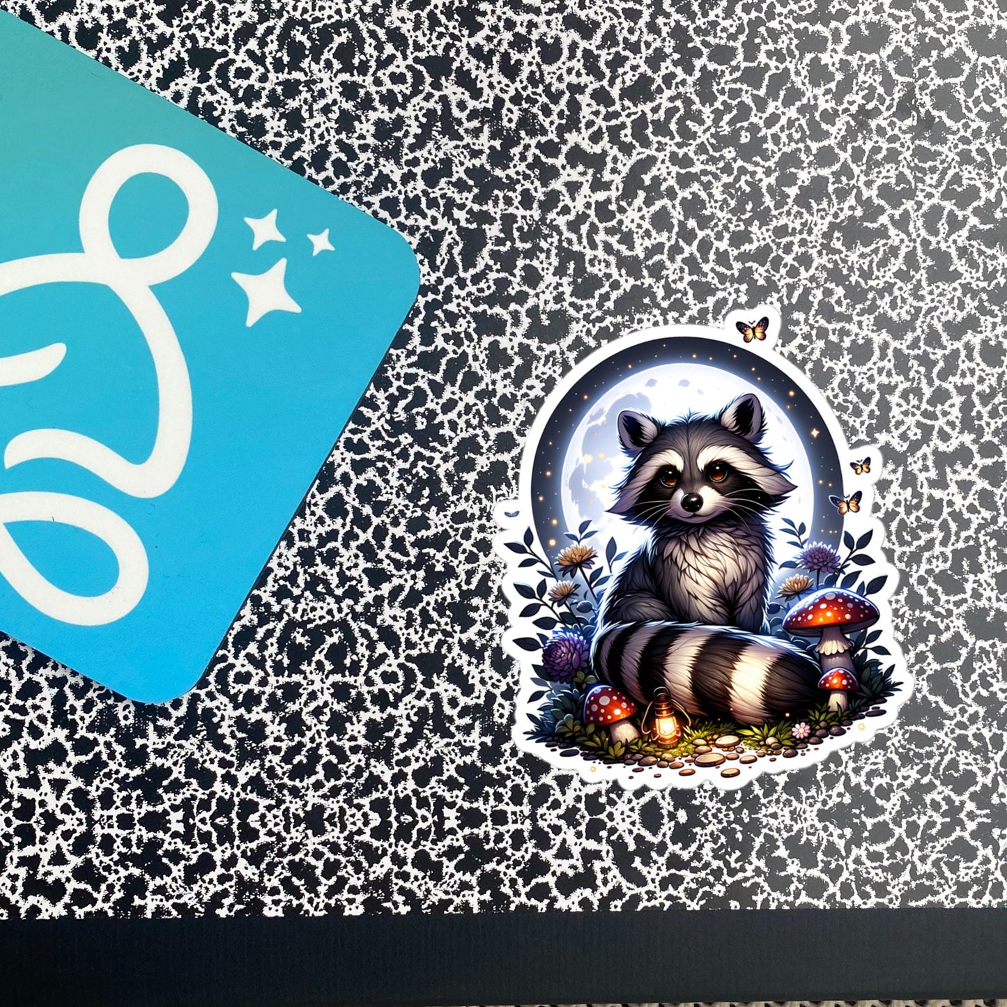 Whimsigoth Dreamcore Raccoon In Moonlight Mushrooms and Moths Original Art Unique Vinyl Sticker