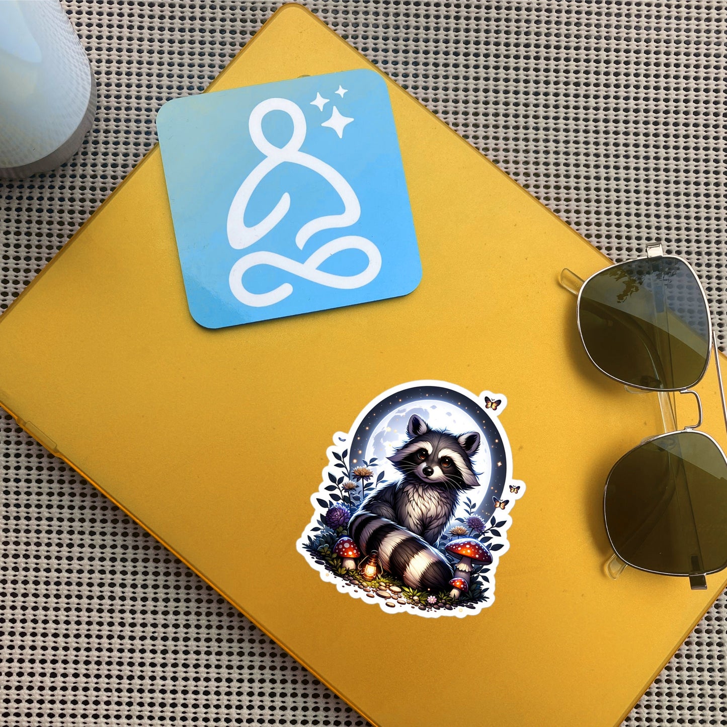Whimsigoth Dreamcore Raccoon In Moonlight Mushrooms and Moths Original Art Unique Vinyl Sticker