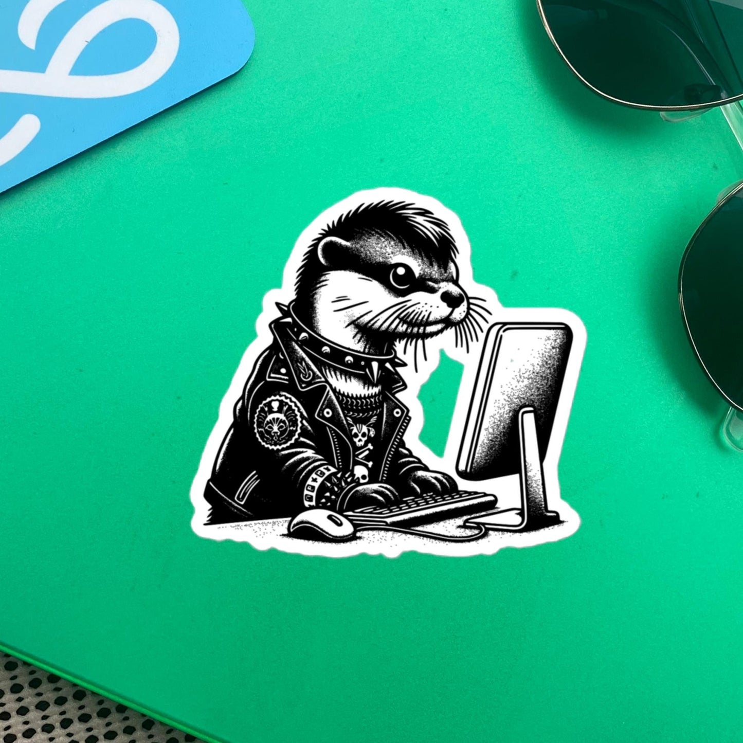 Punk Rock Otter on Computer Sticker, Cyberpunk Otter with Tech Sticker, Weirdcore Weird Stuff, Original Steampunk Warcore Art