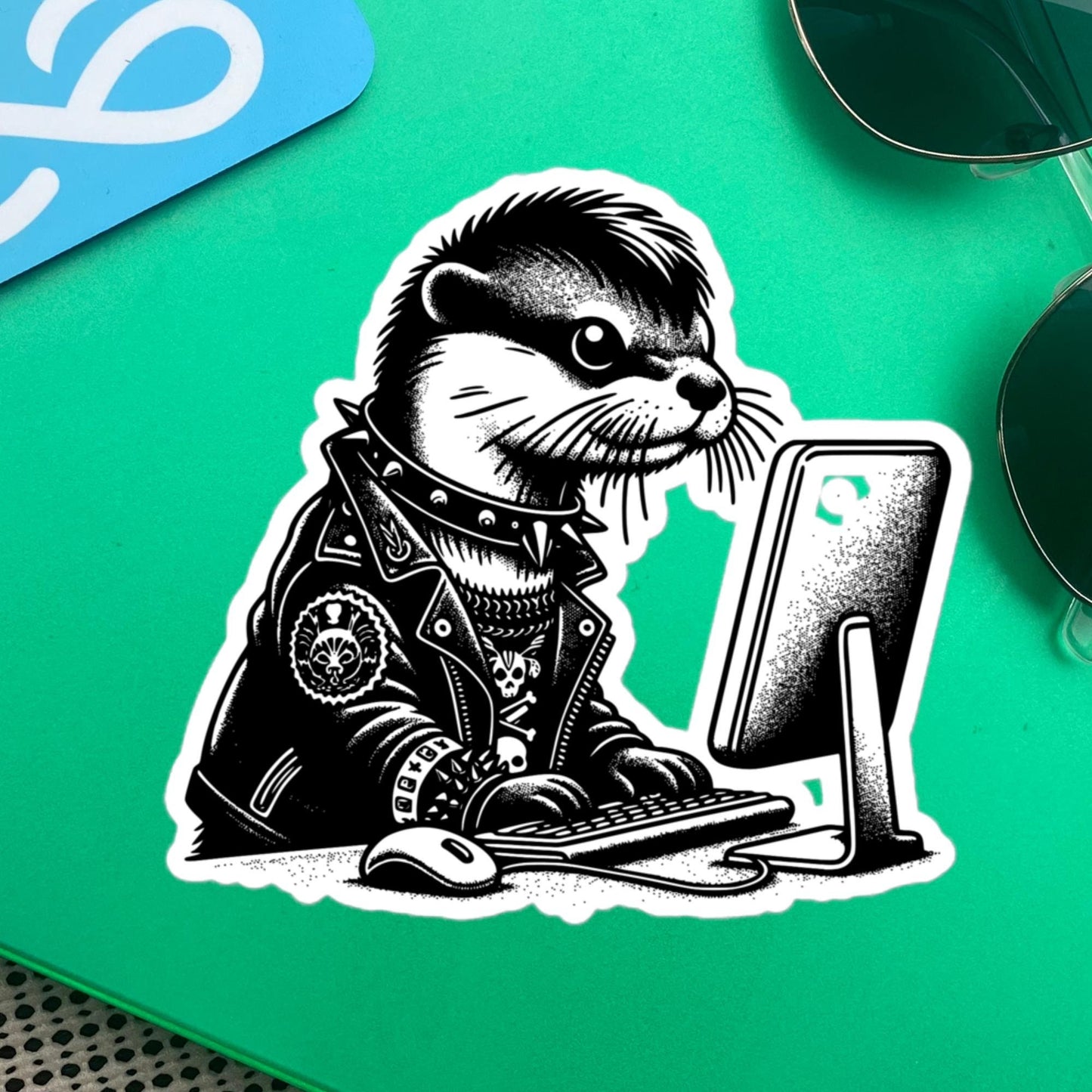 Punk Rock Otter on Computer Sticker, Cyberpunk Otter with Tech Sticker, Weirdcore Weird Stuff, Original Steampunk Warcore Art