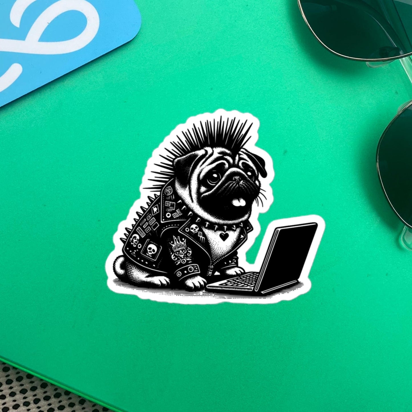 Punk Rock Pug on Computer Sticker, Cyberpunk Dog with Tech Sticker, Weirdcore Weird Stuff, Original Steampunk Warcore Art