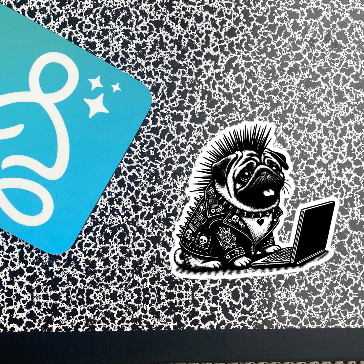 Punk Rock Pug on Computer Sticker, Cyberpunk Dog with Tech Sticker, Weirdcore Weird Stuff, Original Steampunk Warcore Art