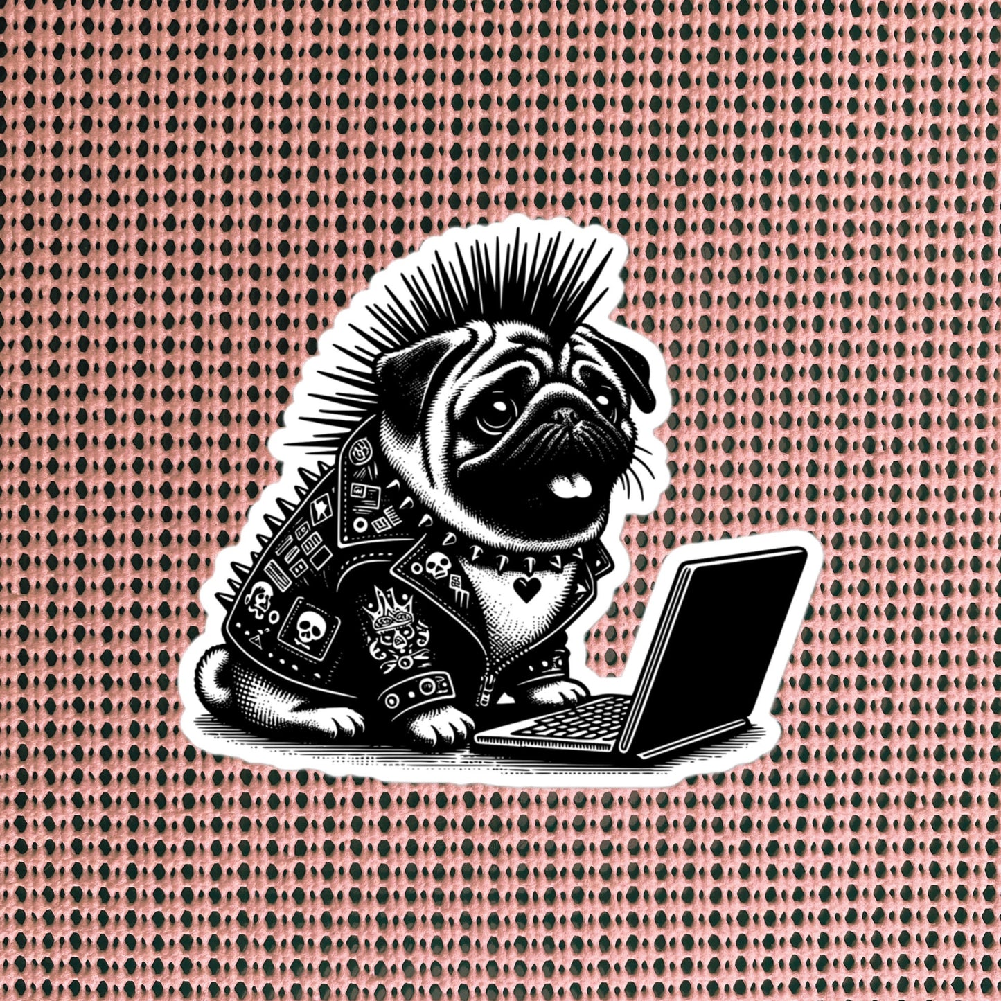 Punk Rock Pug on Computer Sticker, Cyberpunk Dog with Tech Sticker, Weirdcore Weird Stuff, Original Steampunk Warcore Art