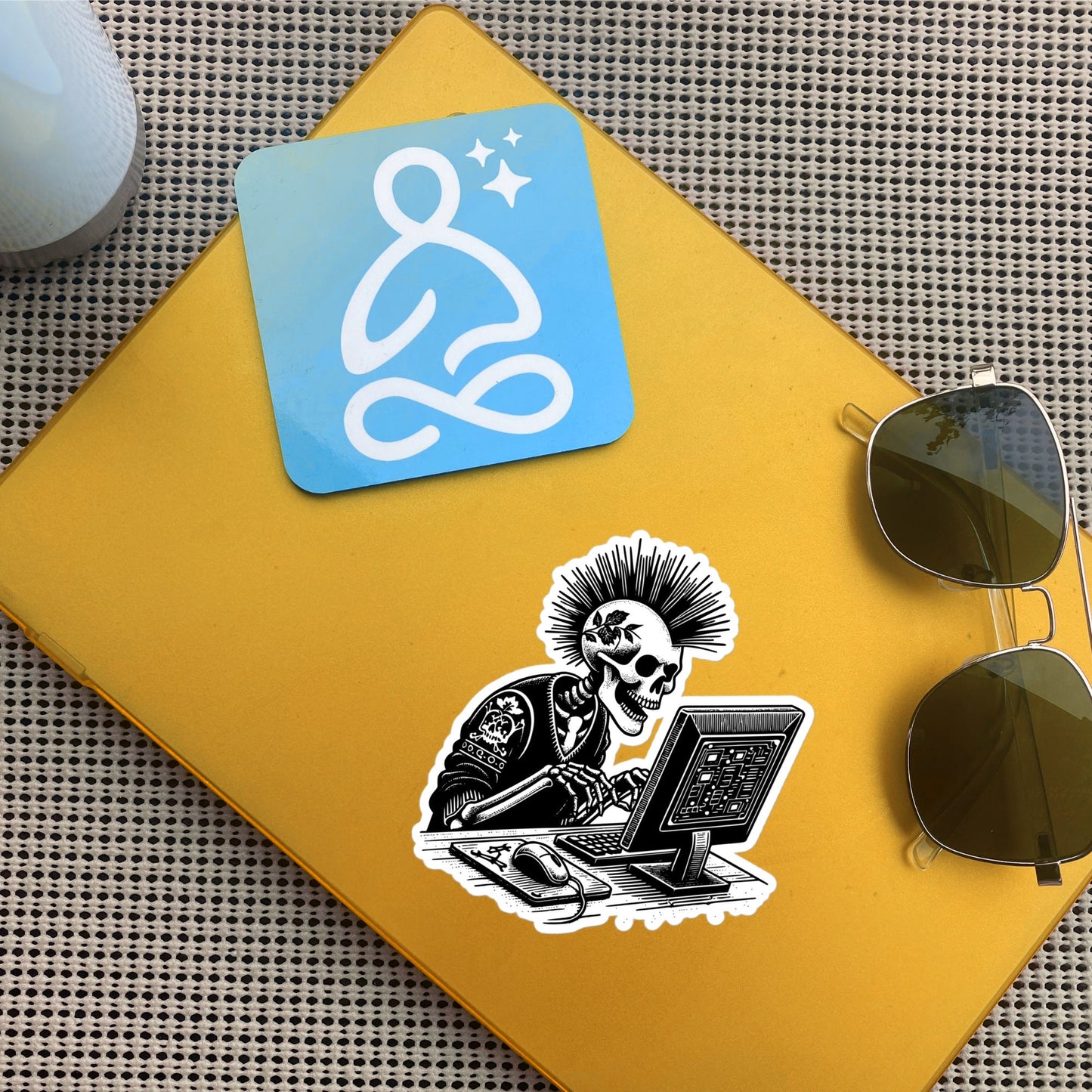 Punk Rock Skeleton on Computer Sticker, Cyberpunk Skeleton with Tech Sticker, Weirdcore Weird Stuff, Original Steampunk Warcore Art