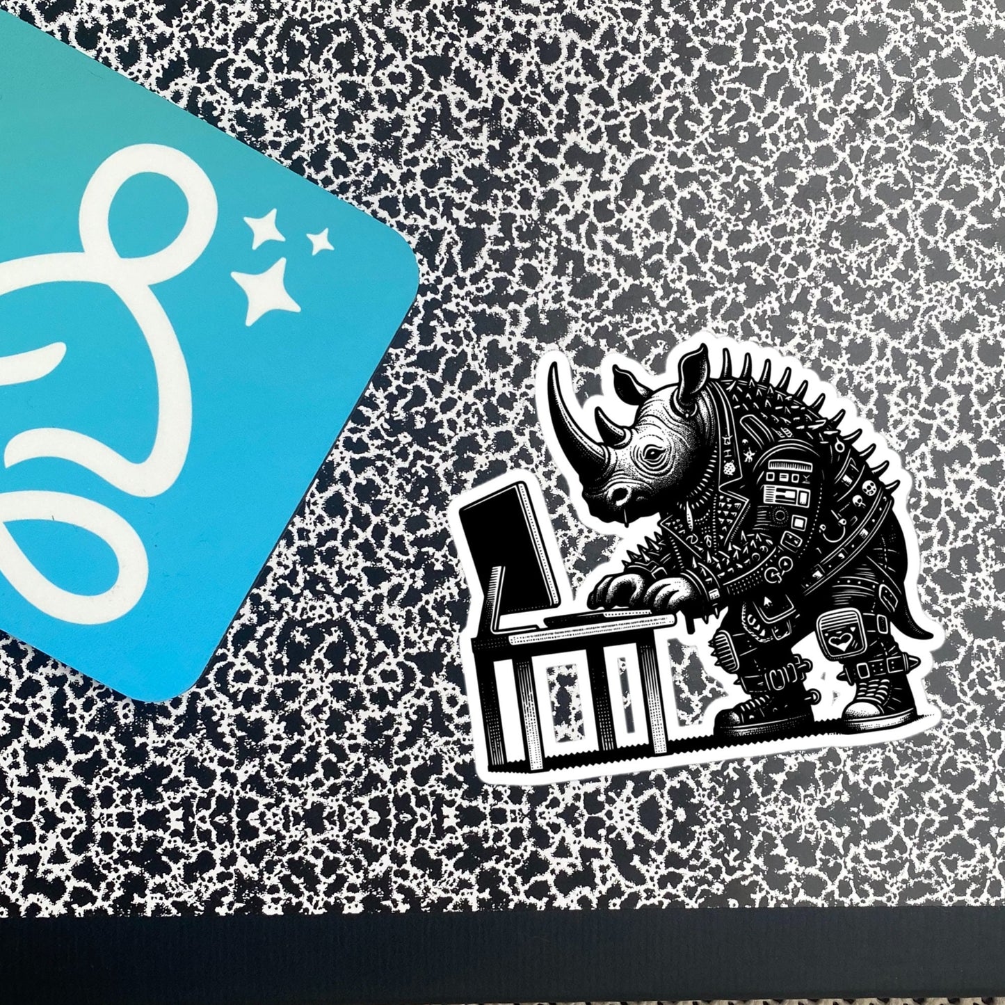 Punk Rock Rhino on Computer Sticker, Cyberpunk Rhinoceros with Tech Sticker, Weirdcore Weird Stuff, Original Steampunk Warcore Art