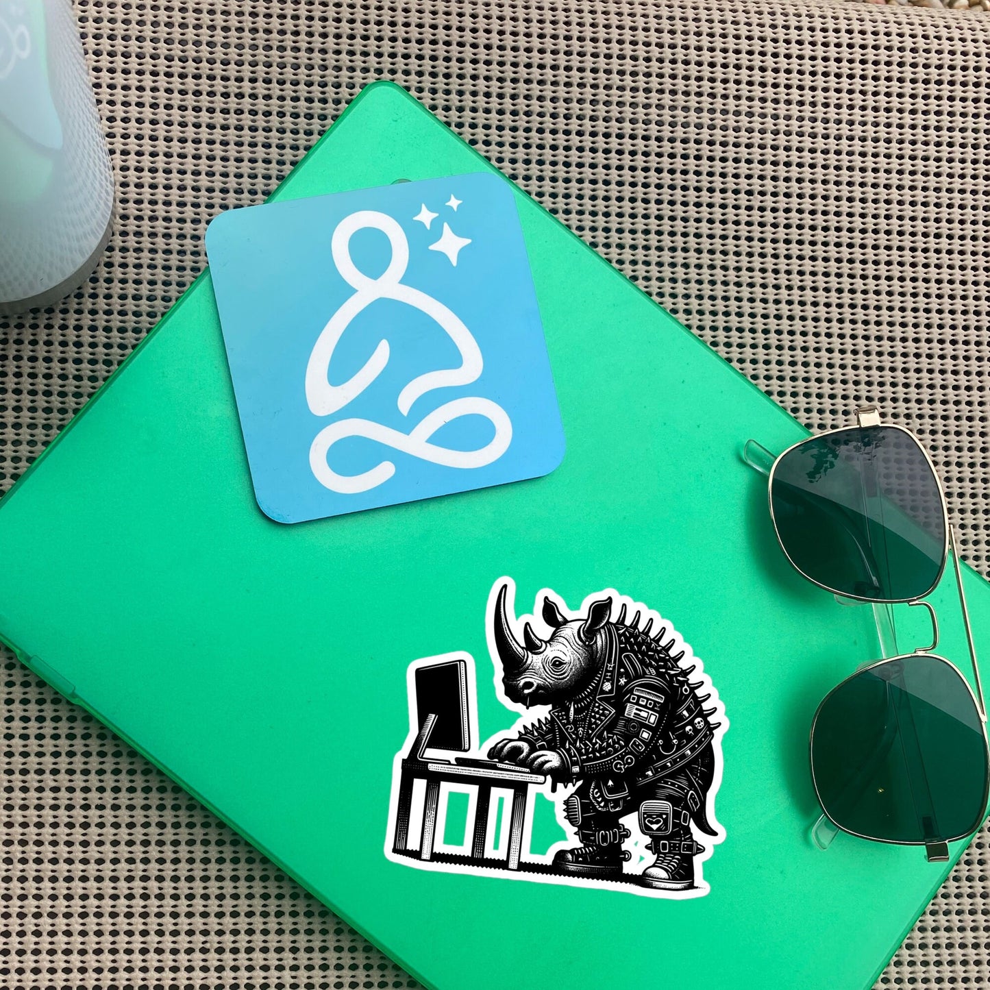 Punk Rock Rhino on Computer Sticker, Cyberpunk Rhinoceros with Tech Sticker, Weirdcore Weird Stuff, Original Steampunk Warcore Art