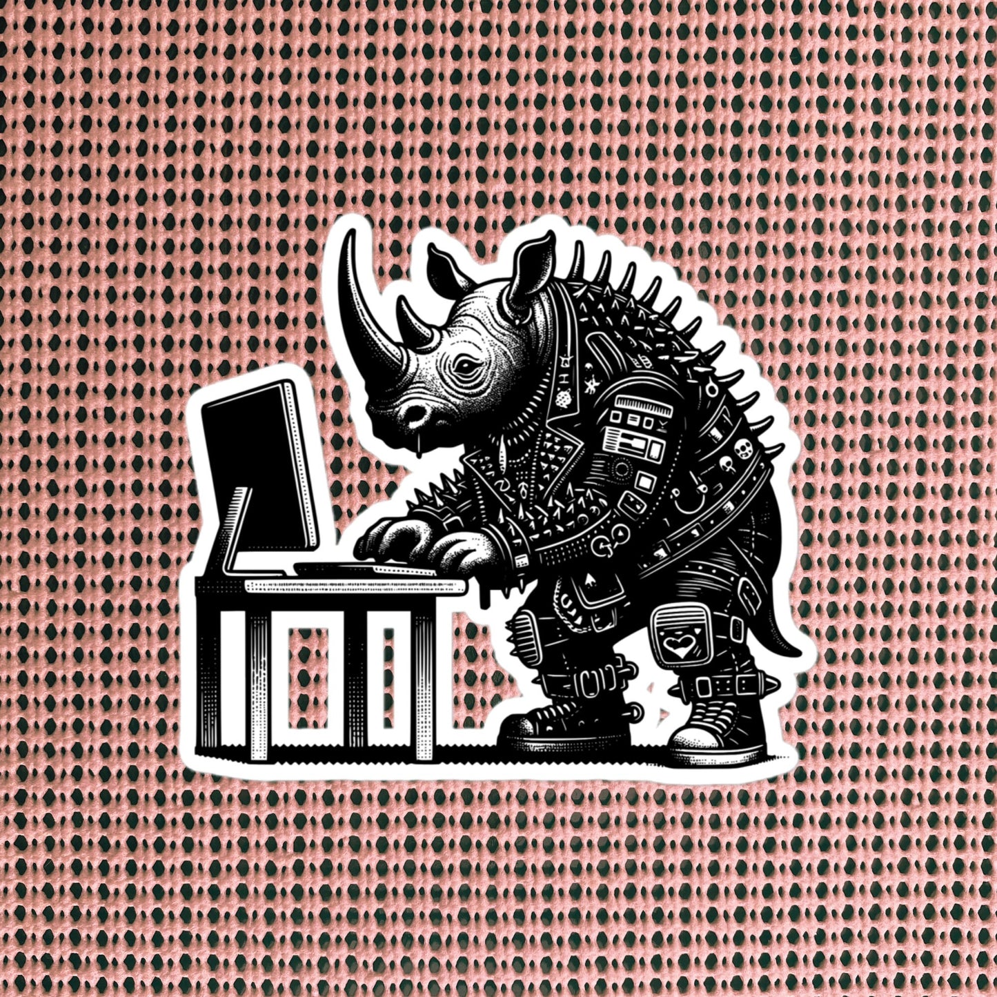 Punk Rock Rhino on Computer Sticker, Cyberpunk Rhinoceros with Tech Sticker, Weirdcore Weird Stuff, Original Steampunk Warcore Art