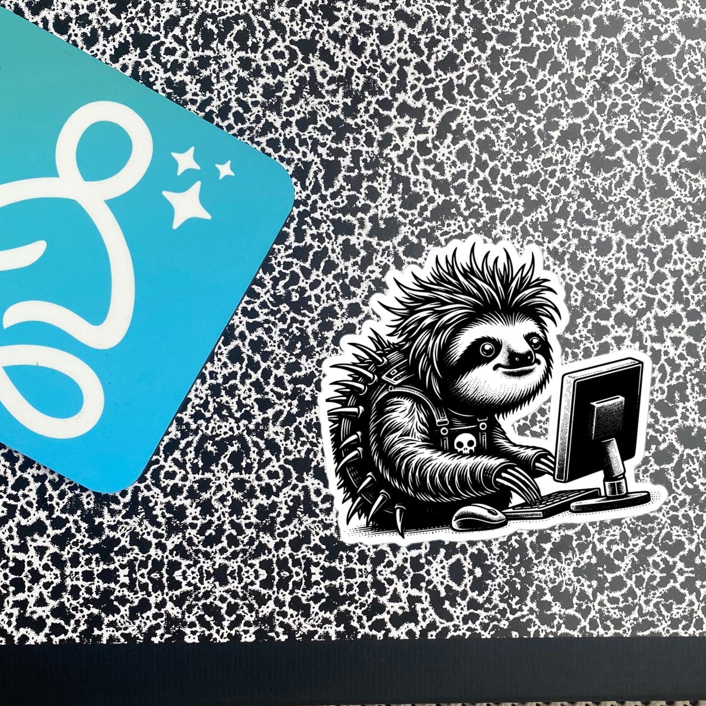 Punk Rock Sloth on Computer Sticker, Cyberpunk Sloth with Tech Sticker, Weirdcore Weird Stuff, Original Steampunk Warcore Art
