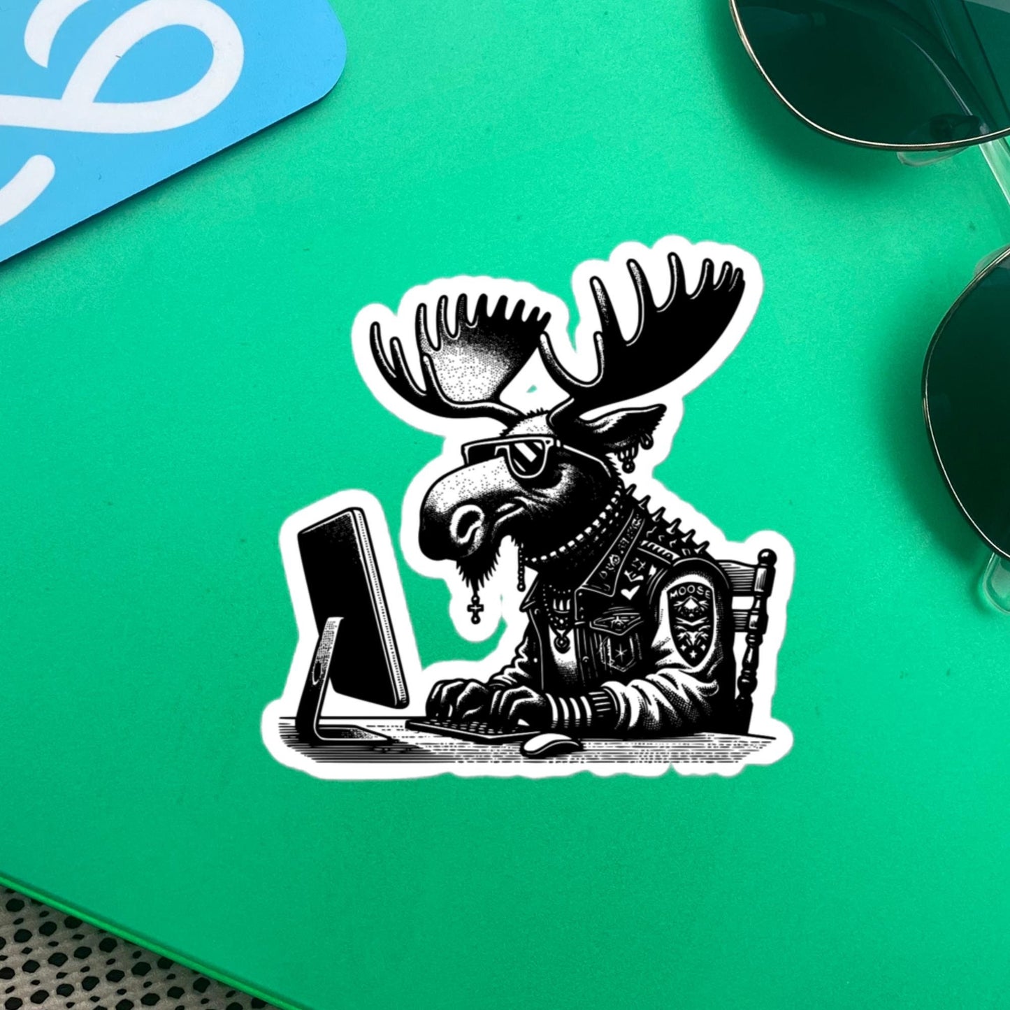 Punk Rock Moose on Computer Sticker, Cyberpunk Moose with Tech Sticker, Weirdcore Weird Stuff, Original Steampunk Warcore Art