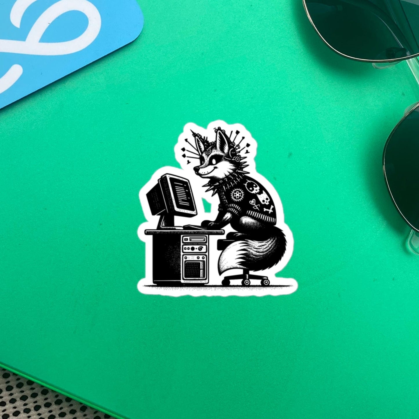 Punk Rock Fox on Computer Sticker, Cyberpunk Fox with Tech Sticker, Weirdcore Weird Stuff, Original Steampunk Warcore Art