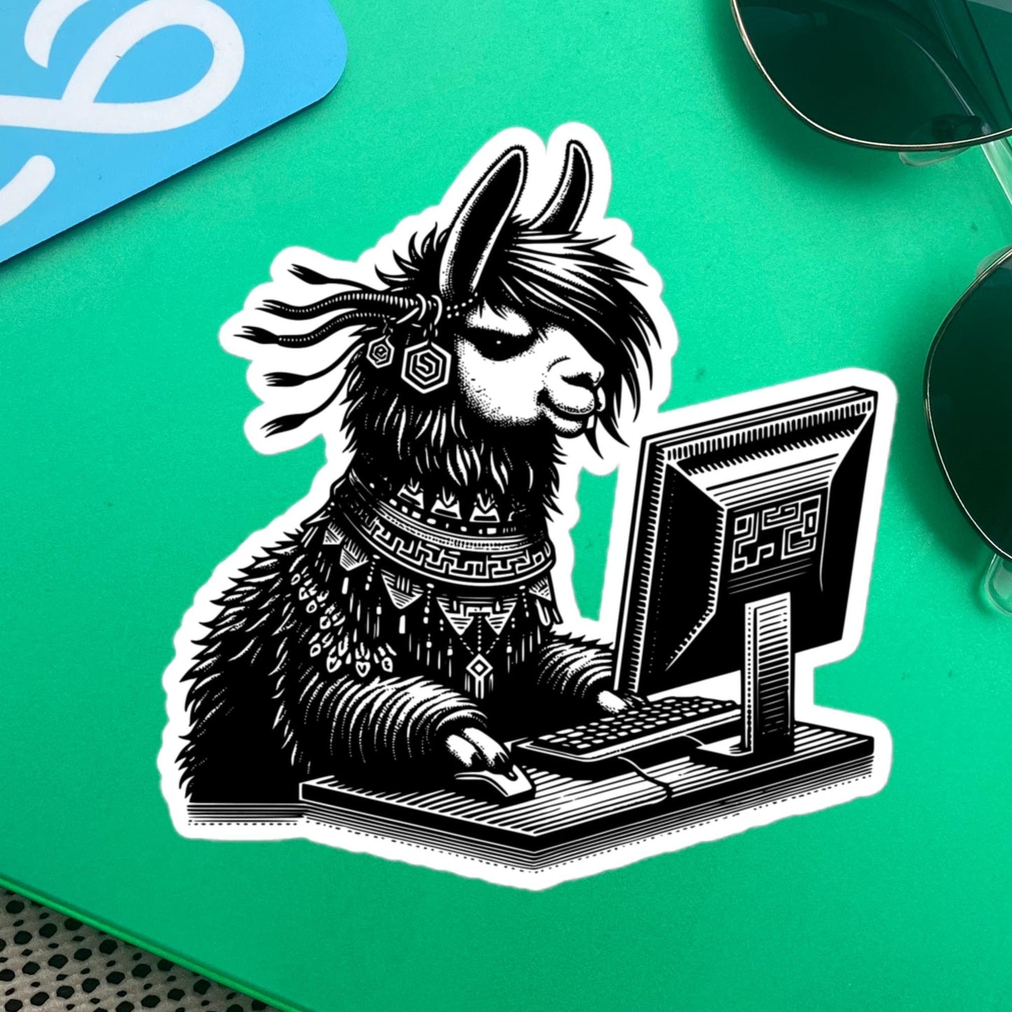 Punk Rock Llama on Computer Sticker, Cyberpunk Llama with Tech Sticker, Weirdcore Weird Stuff, Original Steampunk Warcore Art