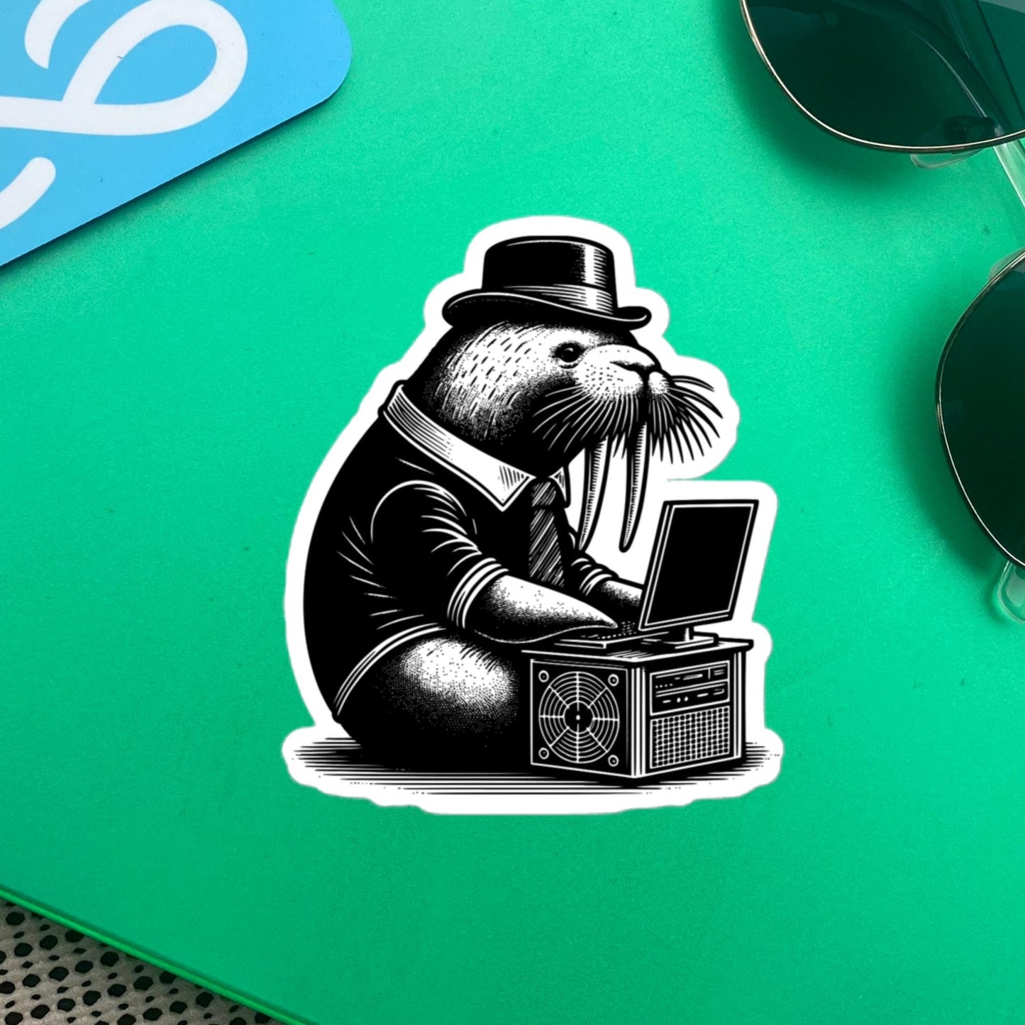 Punk Rock Walrus on Computer Sticker, Cyberpunk Walrus with Tech Sticker, Weirdcore Weird Stuff, Original Steampunk Warcore Art