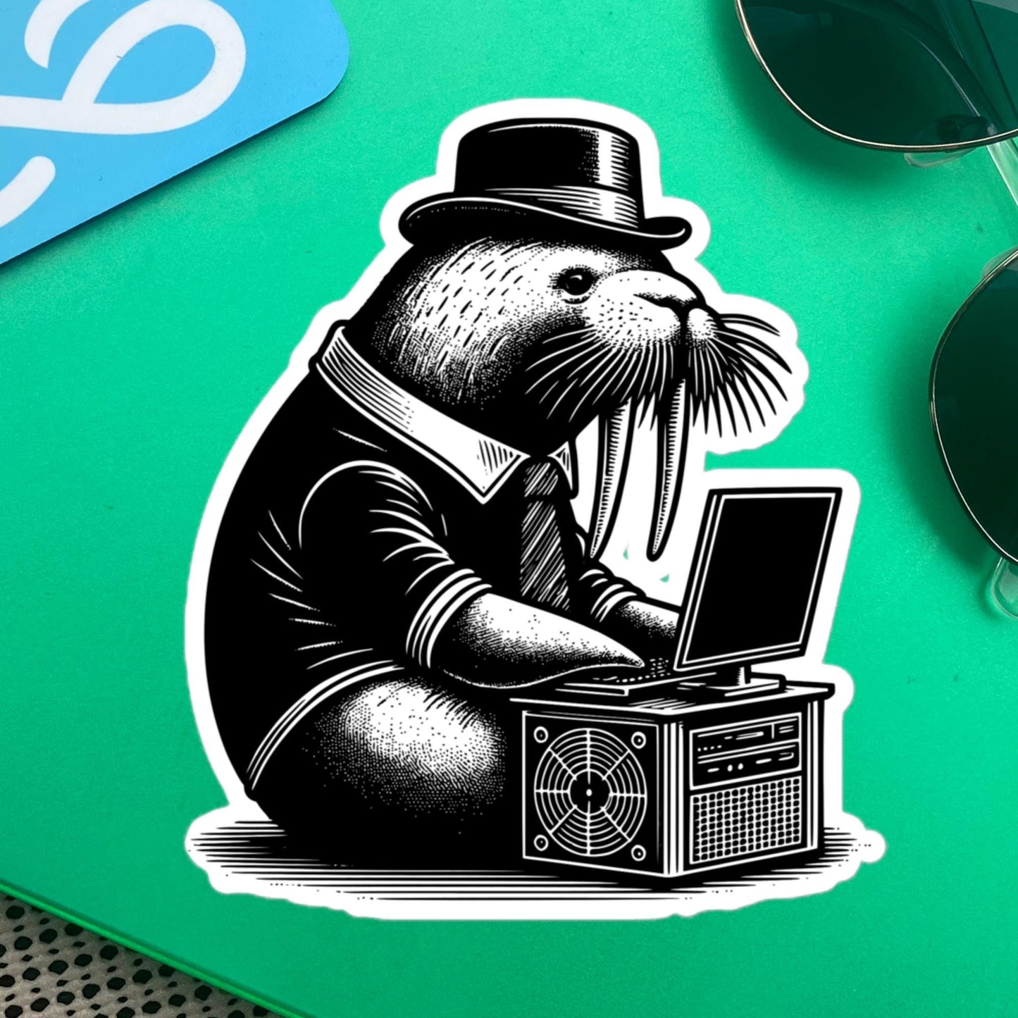 Punk Rock Walrus on Computer Sticker, Cyberpunk Walrus with Tech Sticker, Weirdcore Weird Stuff, Original Steampunk Warcore Art