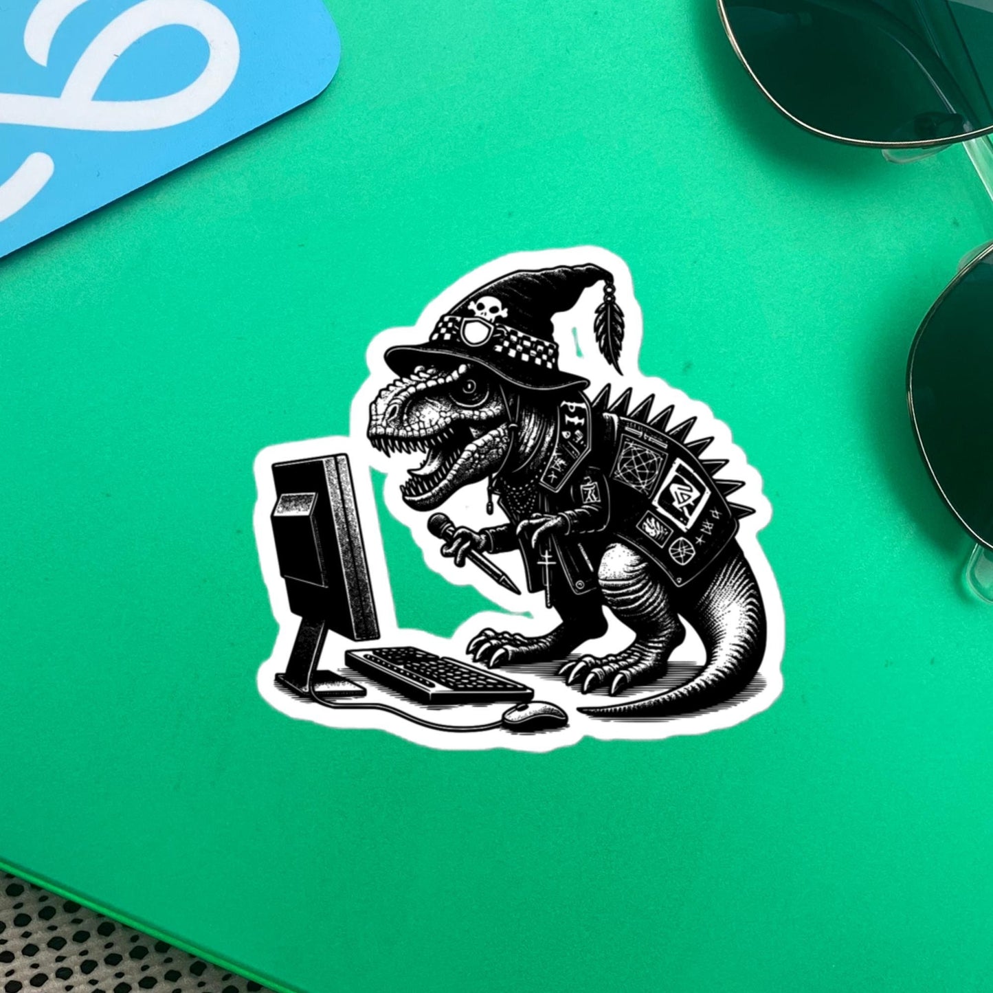 Punk Rock T-Rex on Computer Sticker, Cyberpunk Dinosaur with Tech Sticker, Weirdcore Weird Stuff, Original Steampunk Warcore Art
