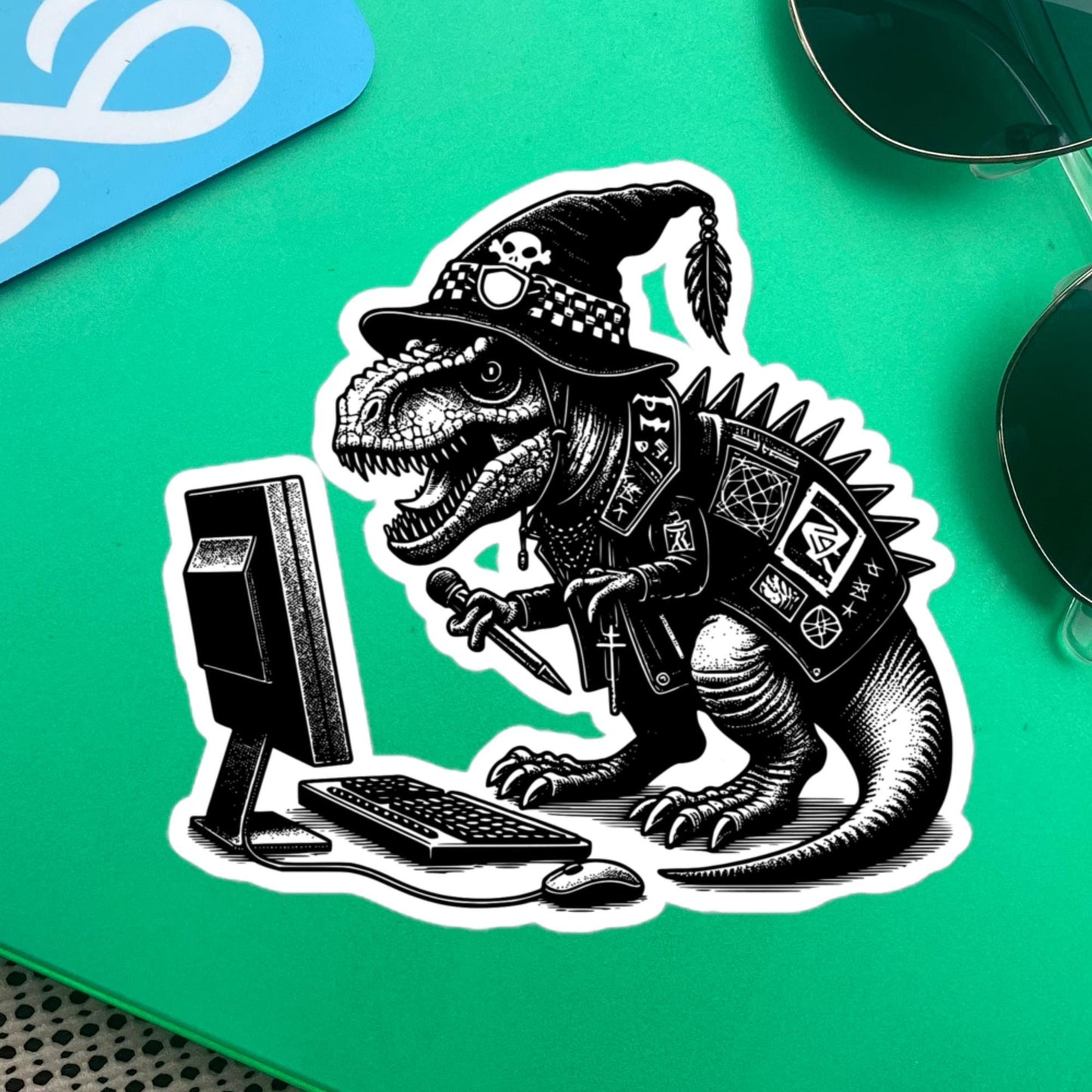 Punk Rock T-Rex on Computer Sticker, Cyberpunk Dinosaur with Tech Sticker, Weirdcore Weird Stuff, Original Steampunk Warcore Art